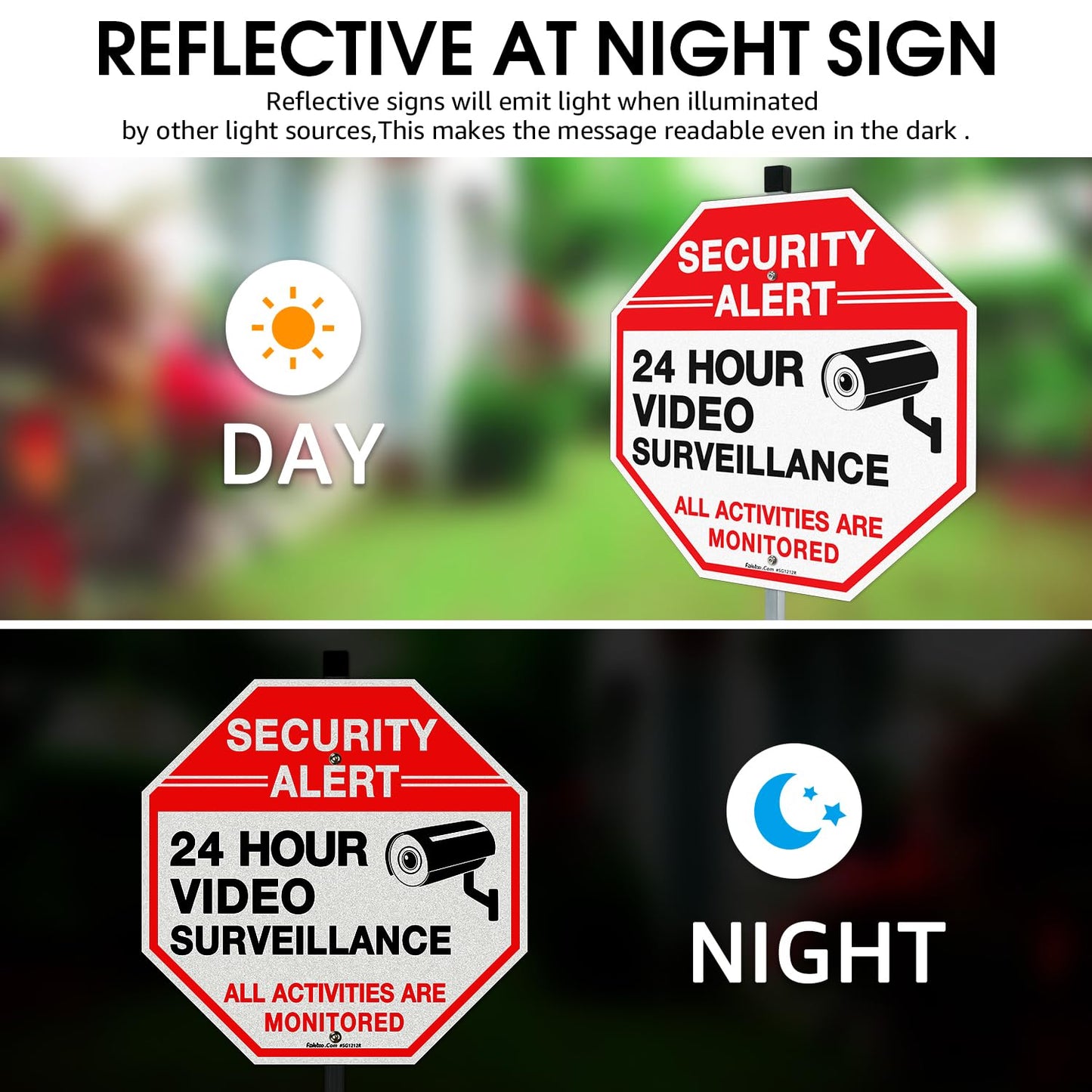 Faittoo Security Sign Video Surveillance Sign with 36" Stake for Outside, 4-Pack 12"x12" Rust Free Heavy Aluminum, Reflective, Fade Resistant, 2 pre-drilled holes, Includes Matching Screws & Wrench,