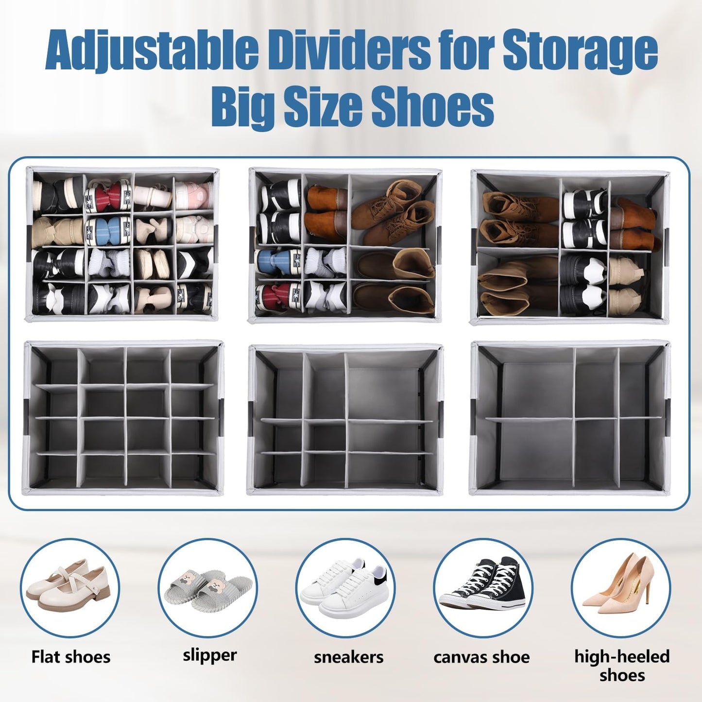 HOUSE AGAIN Shoe Organizer for Closet, 2 Pack Foldable Shoe Storage Organizer Box with Wheels and Adjustable Dividers, Sturdy Metal Frame Fits up to 16-32 Pairs, Large Shoes Storage with Clear Cover