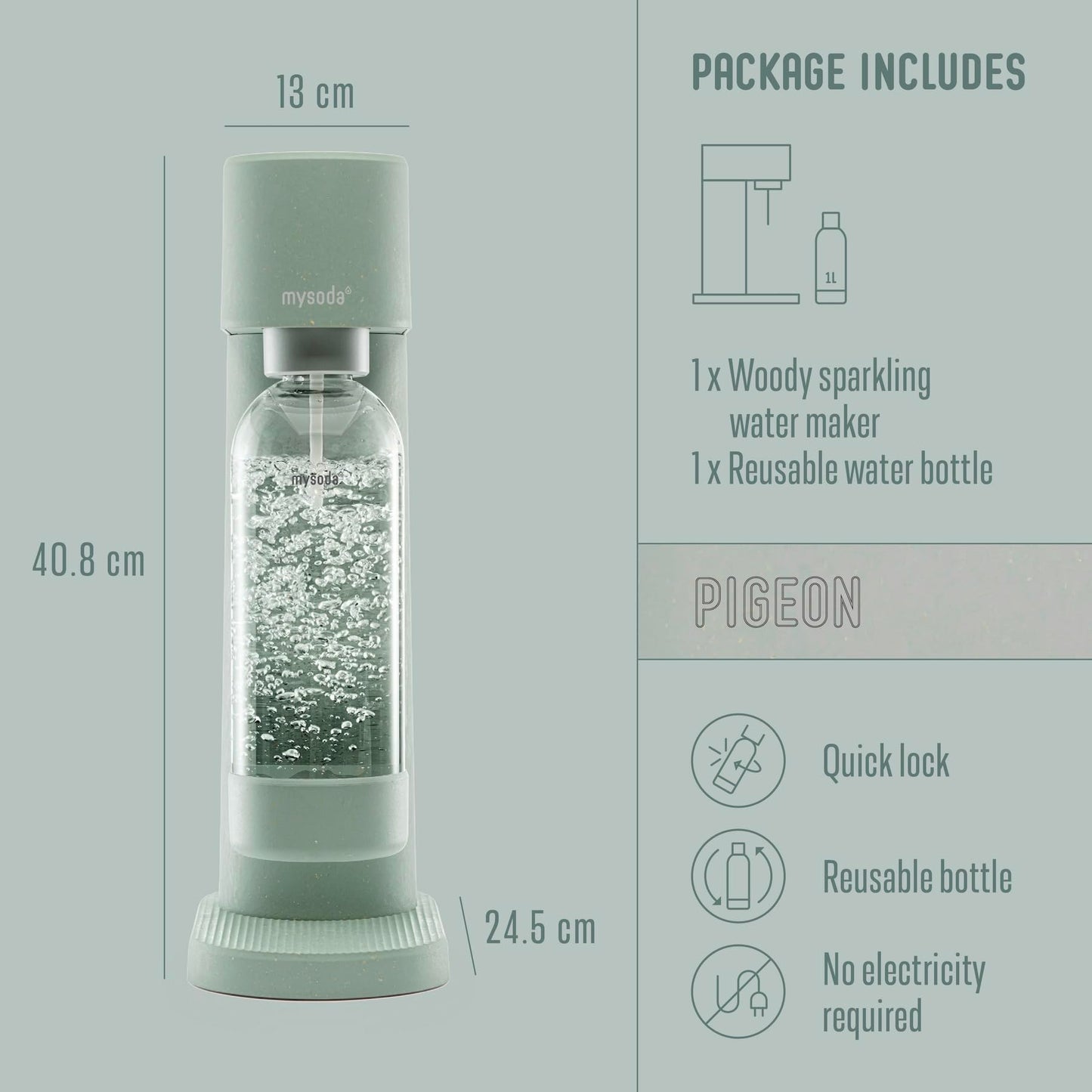 Mysoda Woody Sparkling Water Maker - Silent Carbonated Water Machine Made of Renewable Wood Composite and 1L Water Bottle - Without CO2 Cylinder - Seltzer Maker Machine - Colour Sage Green