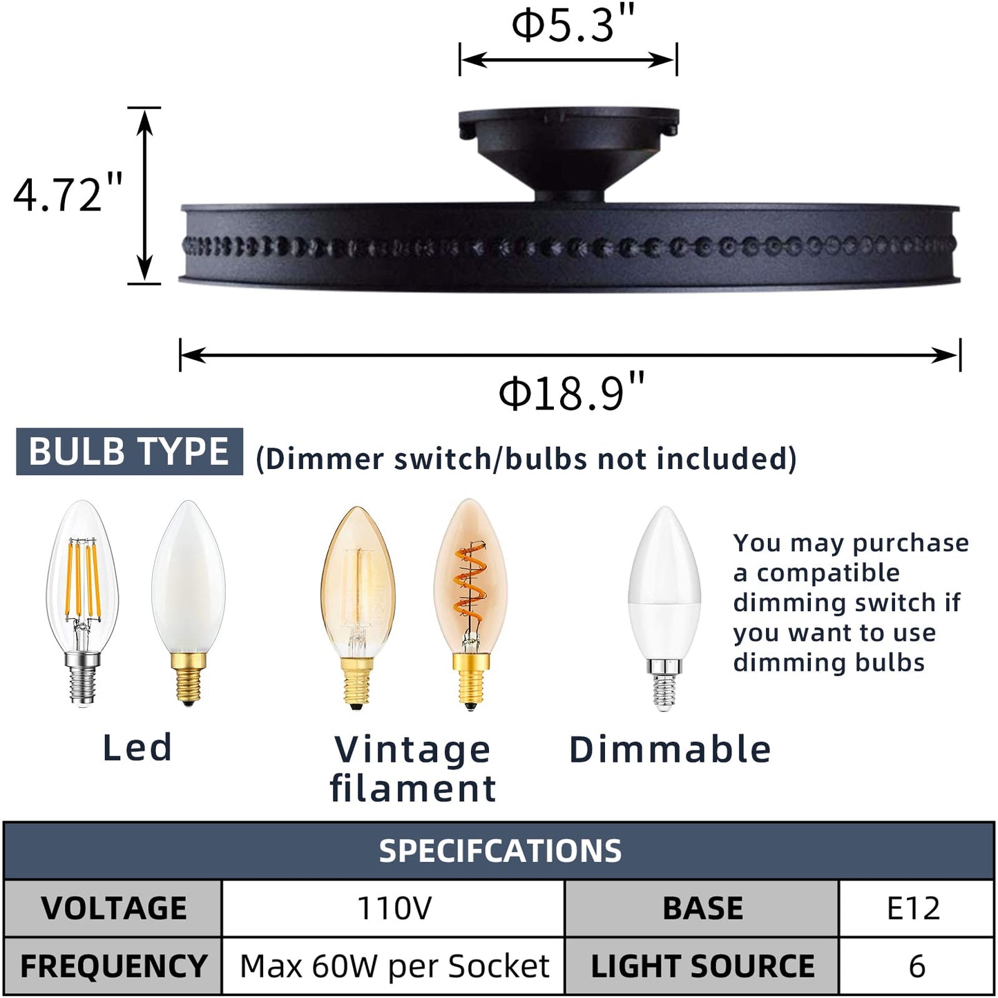 KJLARS 6-Lights Rustic Metal Ceiling Light Fixture Black Round Industrial Living Room Light Semi-Flush Mount Farmhouse Chandelier for Kitchen Island Dining Room Entryway Bedroom Hallway