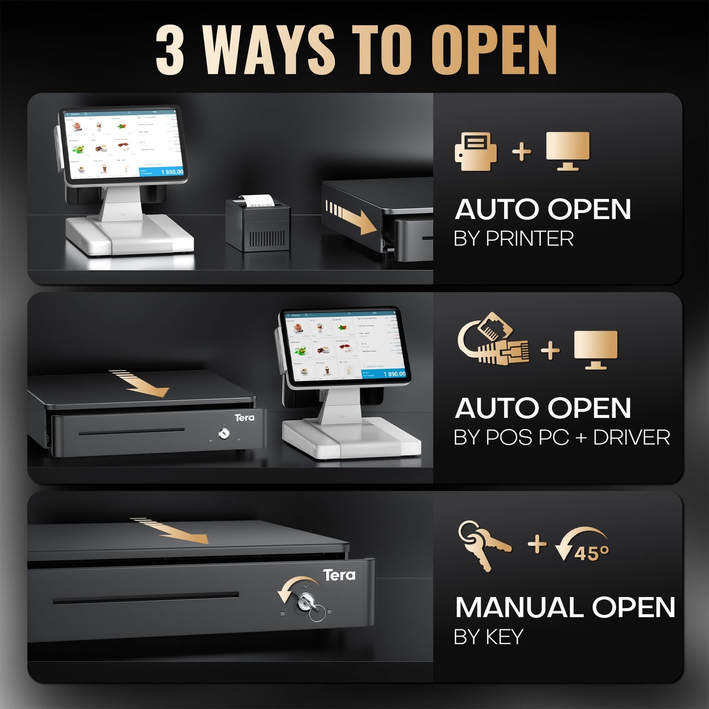 Tera 13" Auto Open Cash Register Drawer Heavy Duty Fully Removable Insert Tray 5 Keys 4 Bill 6 Coin Media Slot 24V RJ12 Key-Lock (Round Corner) for POS System Small Business 330R