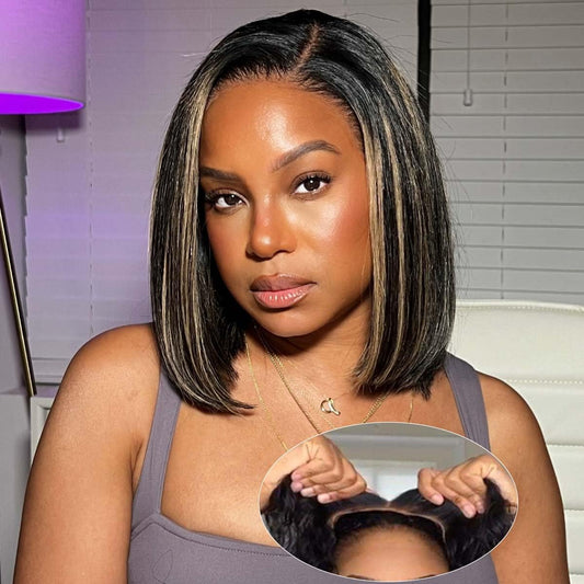 Amuopz Highlight Glueless Wig Human Hair Pre Plucked Pre Cut P1b/27 5x5 HD Lace Closure Bob Wigs Glueless Wear and Go Colored Ombre Straight Lace Front Human Hair Wig for Black Women 12 IN