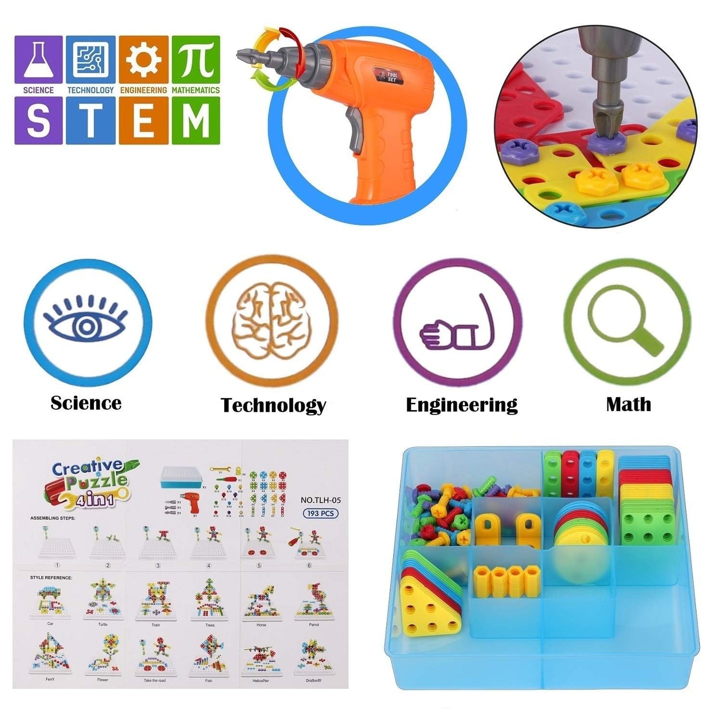 Creative Building Toys Mosaic Drill Set, Power Tools for Kids with Screwdriver Toy, Workshop Games for 3 4 5 6 7 8 Years Boy and Girl, Educational Toy