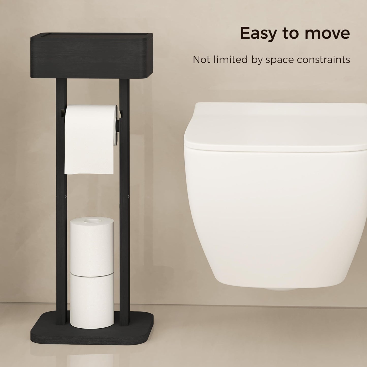 Wealone 4-in-1 Black Toilet Paper Holder Stand with Storage Shelf Box, 360° Rotating Bamboo Free Standing Toilet Tissue Roll, Toilet Wipes Dispenser Organizer, Temporary Desktop for Bathroom (Patent)