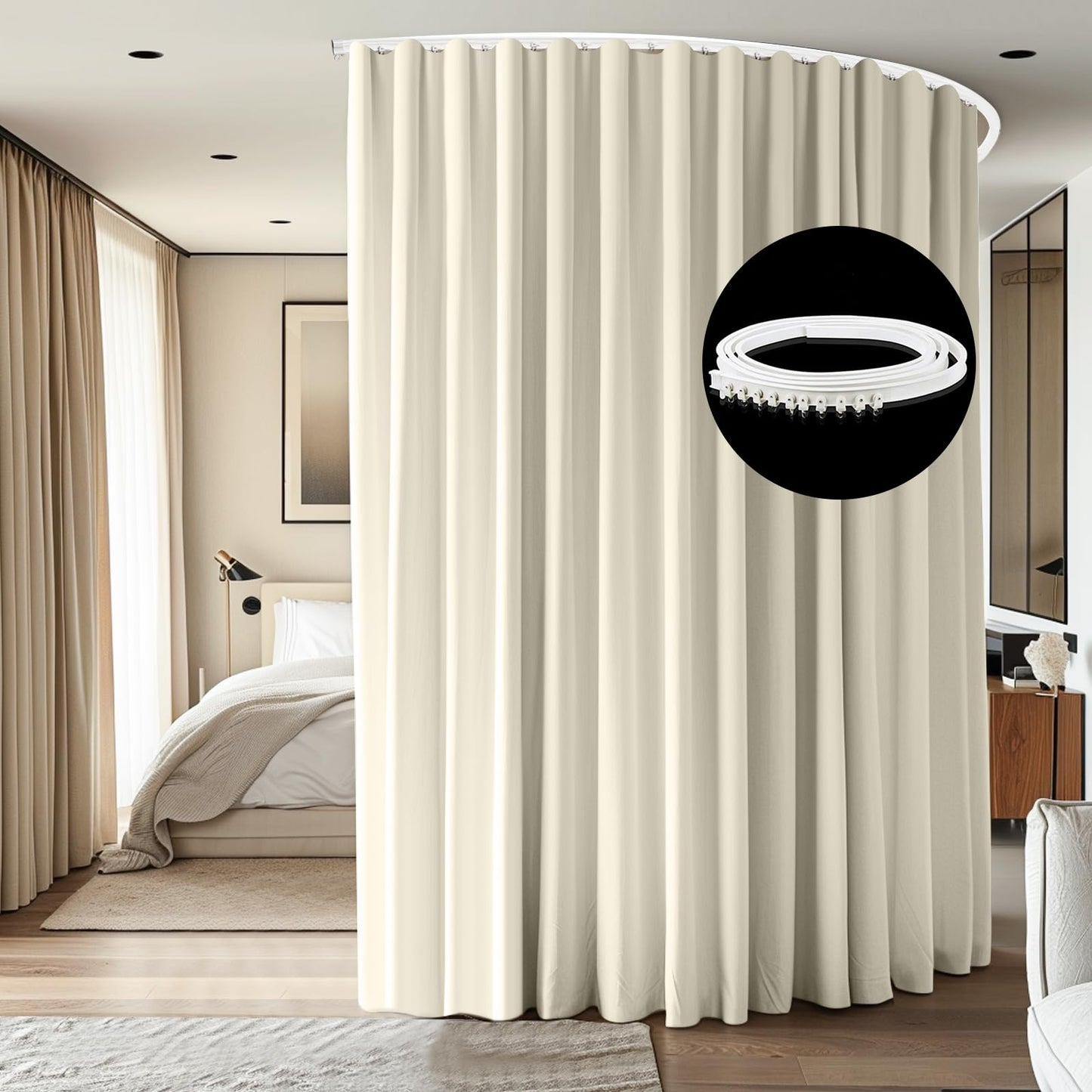 cbsroro Room Divider Ceiling Mounted Curtains Track Sets Extra Wide Blackout Curtain Flexible Tracks for Bedroom Privacy Partition Separator, 1 Panel Beige Drape and White Rail, W8.3 x H7ft
