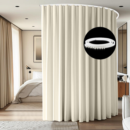 cbsroro Room Divider Ceiling Mounted Curtains Track Sets Extra Wide Blackout Curtain Flexible Tracks for Bedroom Privacy Partition Separator, 1 Panel Beige Drape and White Rail, W8.3 x H7ft