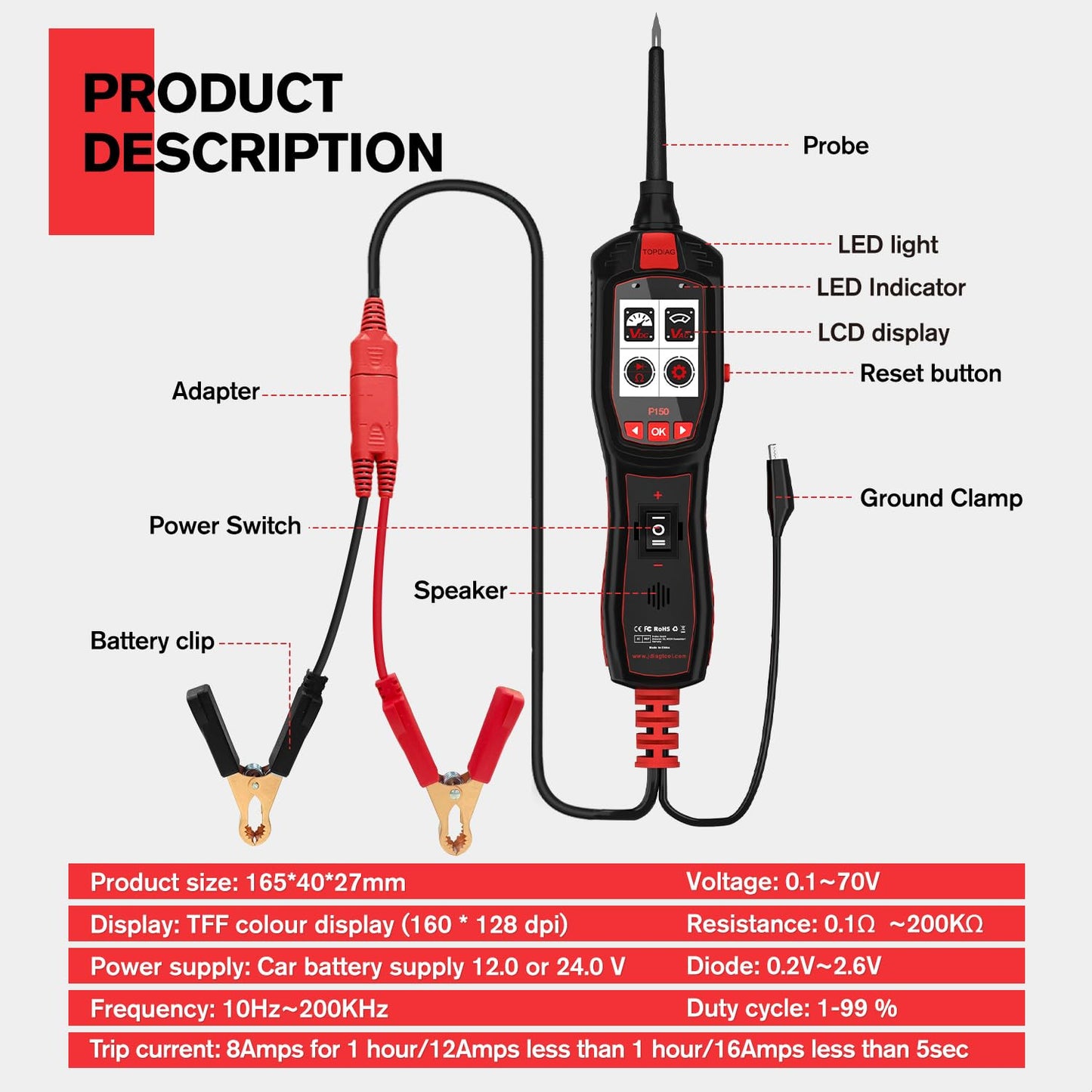 Electrical Tester for 6V-30V Cars, Short Circuit Breaker Finder Tool, Automotive Circuit Tester, Voltage Tester, P150