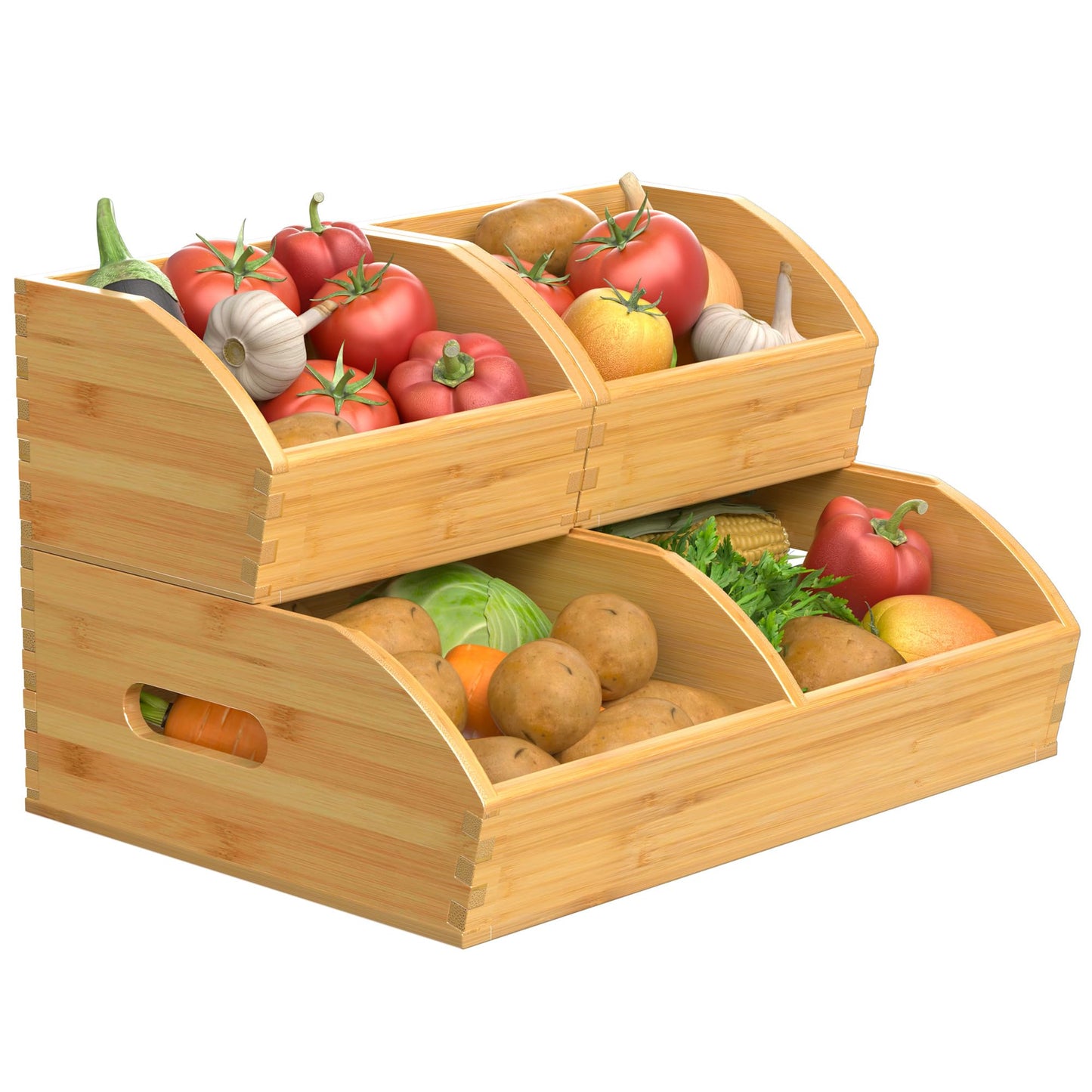 Potato and Onion Storage Bin, Stackable Pantry Organizers for Kitchen Countertop, Ventilated Bamboo Storage Baskets with Handles, Multipurpose Organization Containers for Fruit, Vegetable, 3 Pack
