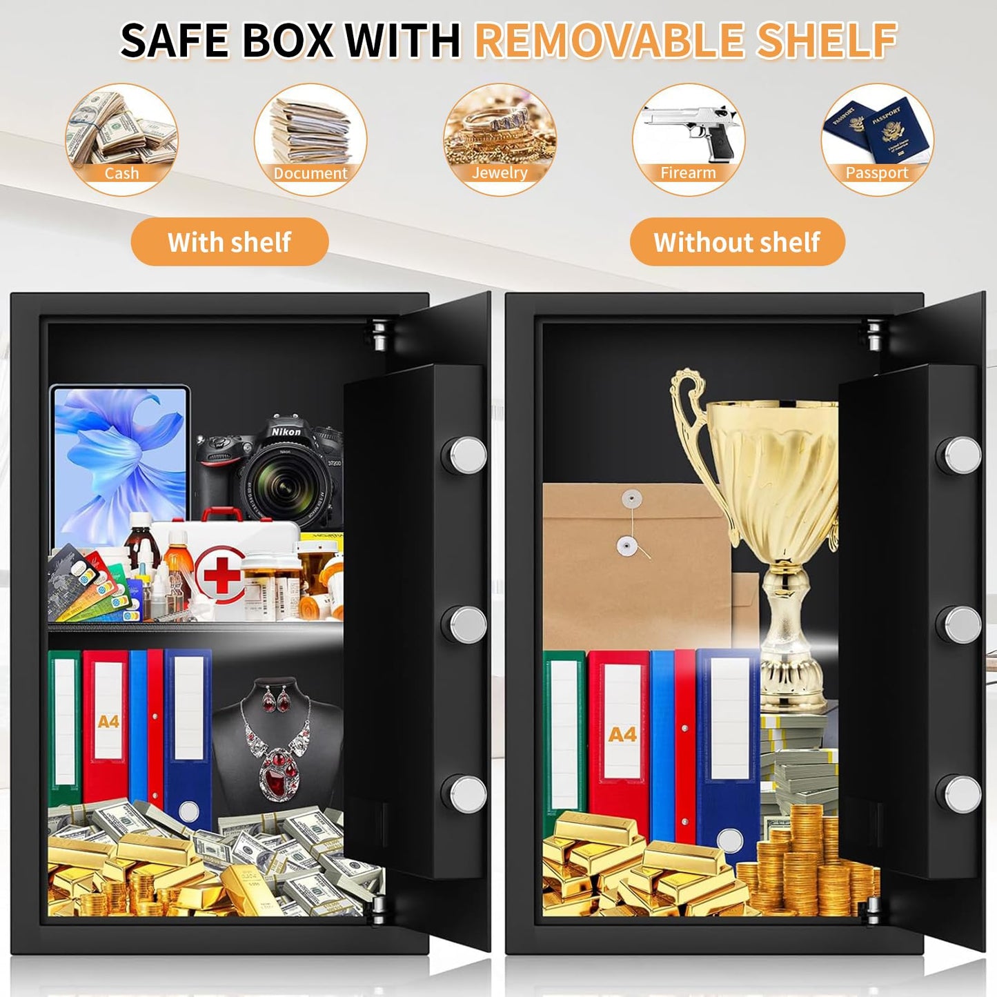 3.0 Cub Large Home Safes Fireproof Wterproof, Anti-theft Fireproof Safe with Programmable Keypad, Spare Keys and Alarm Systerm, Digital Home Security Safe Box for Document Money Medicines
