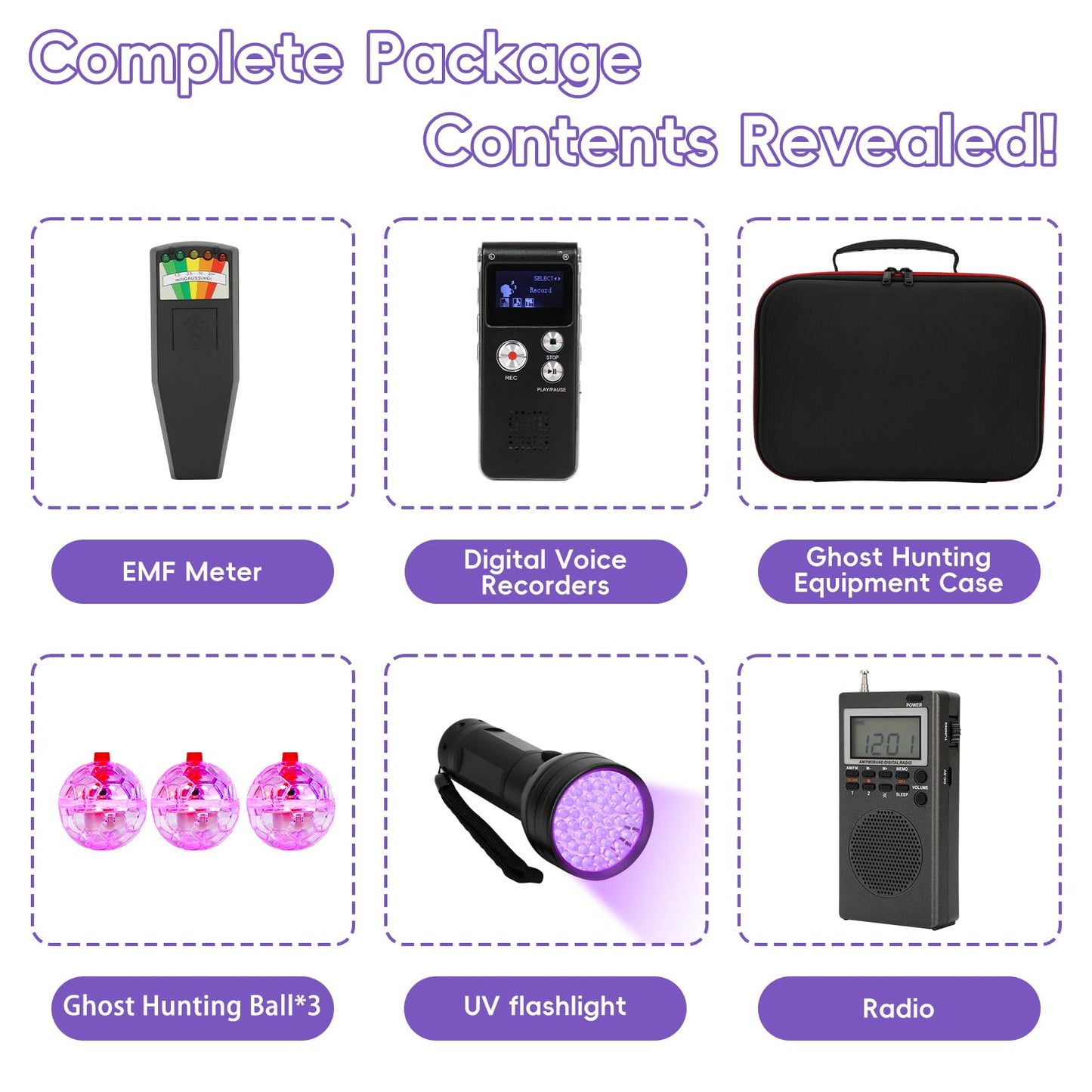 8 Pcs Ghost Hunting Kit with 1 EMF Meter,1 EVP Recorder,1 Spirit Box,1 UV Light,3 LED Light up Cat Balls & 1 Carrying Case