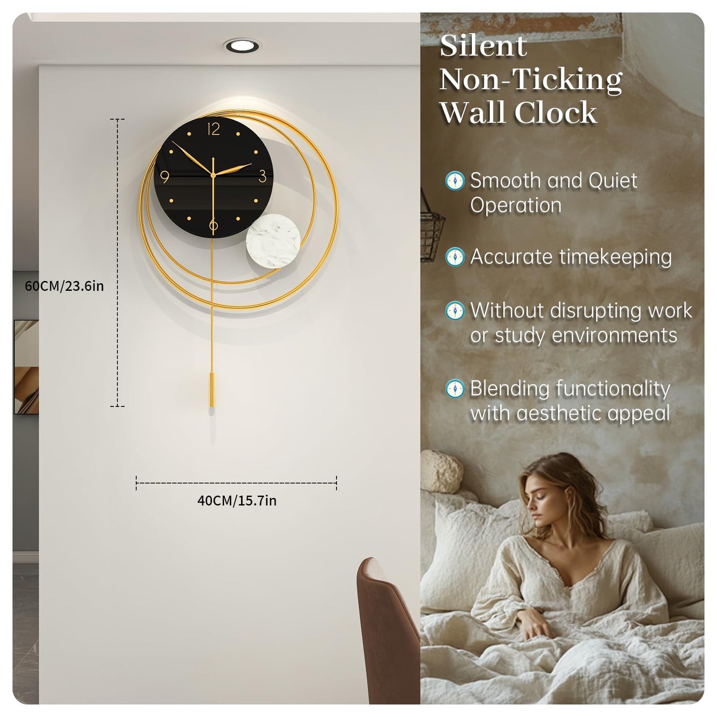 YIJIDECOR Large Wall Clocks for Living Room Modern Pendulum Wall Clock Battery Silent Non Ticking Operated Gold Metal Wall Art forBedroom,Kitchen,Farmhouse,Office,Home Decor 15.7x23.6 inches