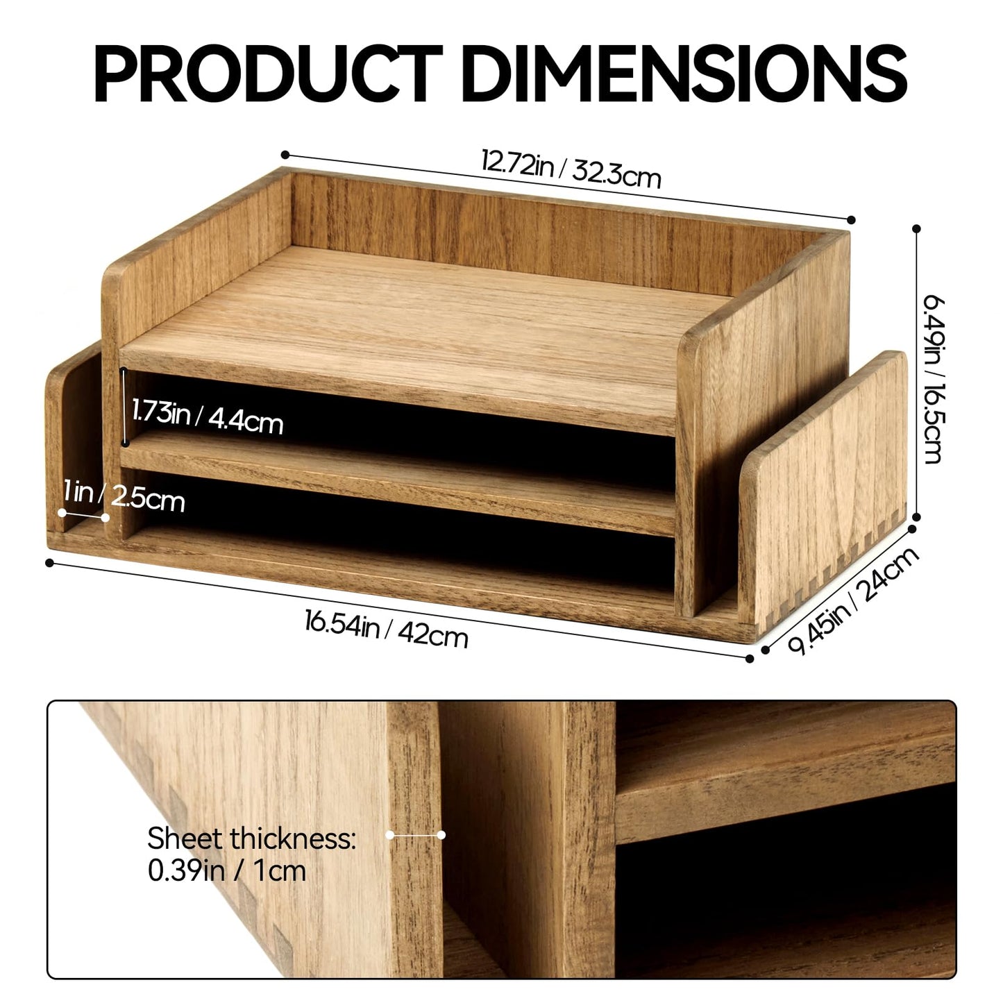 KIRIGEN Wood Desk Organizer 5 Trays, 3-Tier Desktop Document Letter Tray with Side Slots, Fully Assembled Mail Sorter and File Folder Holder for Home Office, Brown 2TP-DBR