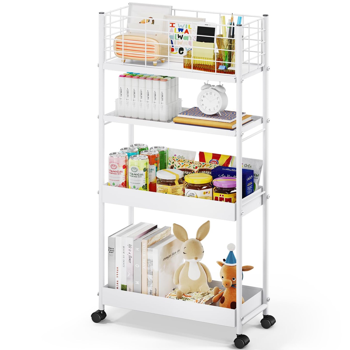 KINGRACK Slim Rolling Storage Cart 4 Tier - Heavy Duty Metal Utility Cart with Raised Edge & Wheels, Narrow Mobile Organizer Shelves for Bathroom, Kitchen, Laundry, Office, Living Room, White