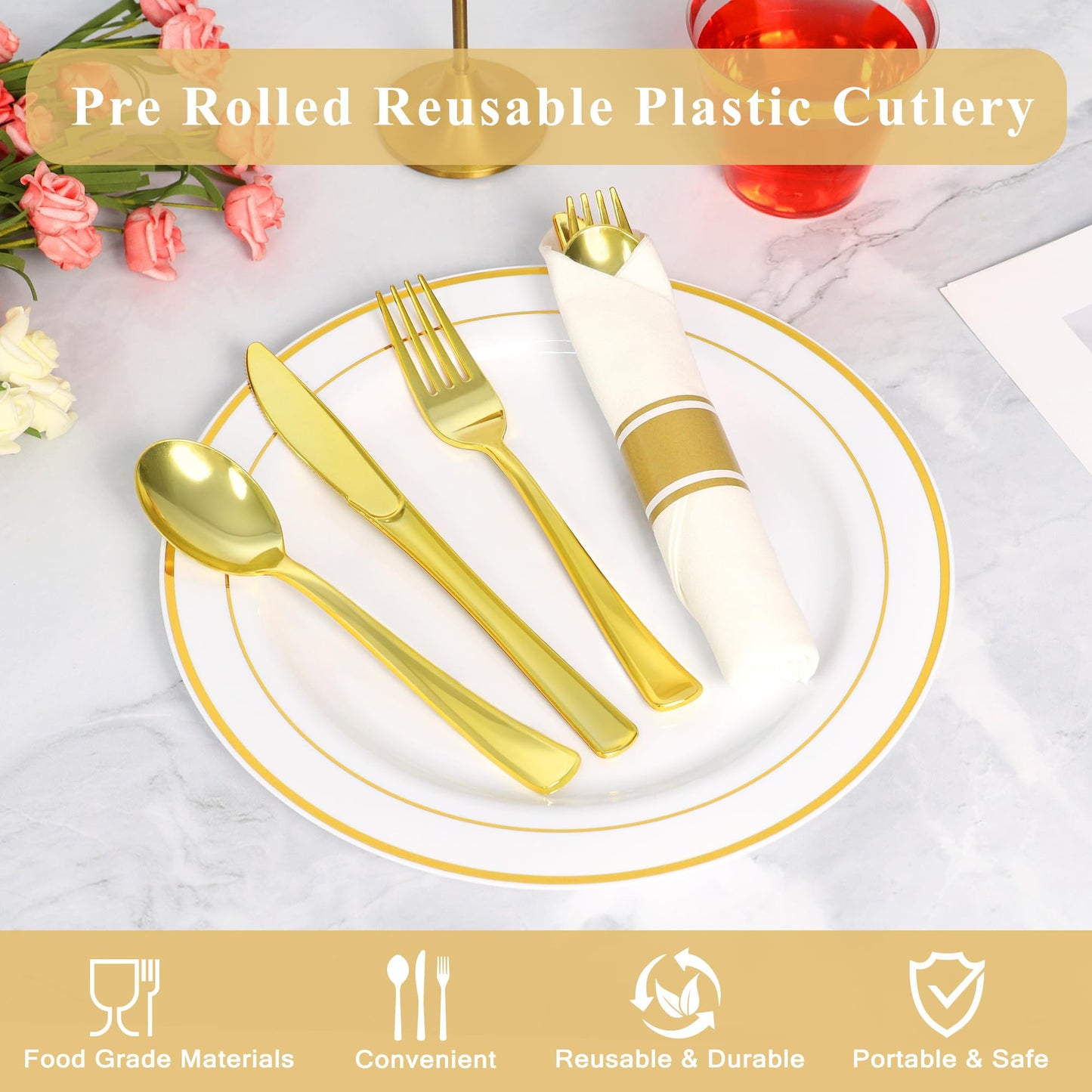 Dlebay 100 Pack Pre Rolled Gold Plastic Silverware Set,Wrapped Plastic Cutlery Set with Napkin Include 100 Forks,100 Spoons,100 Knives and 100 White Napkins for Party, Wedding,showers, Christmas