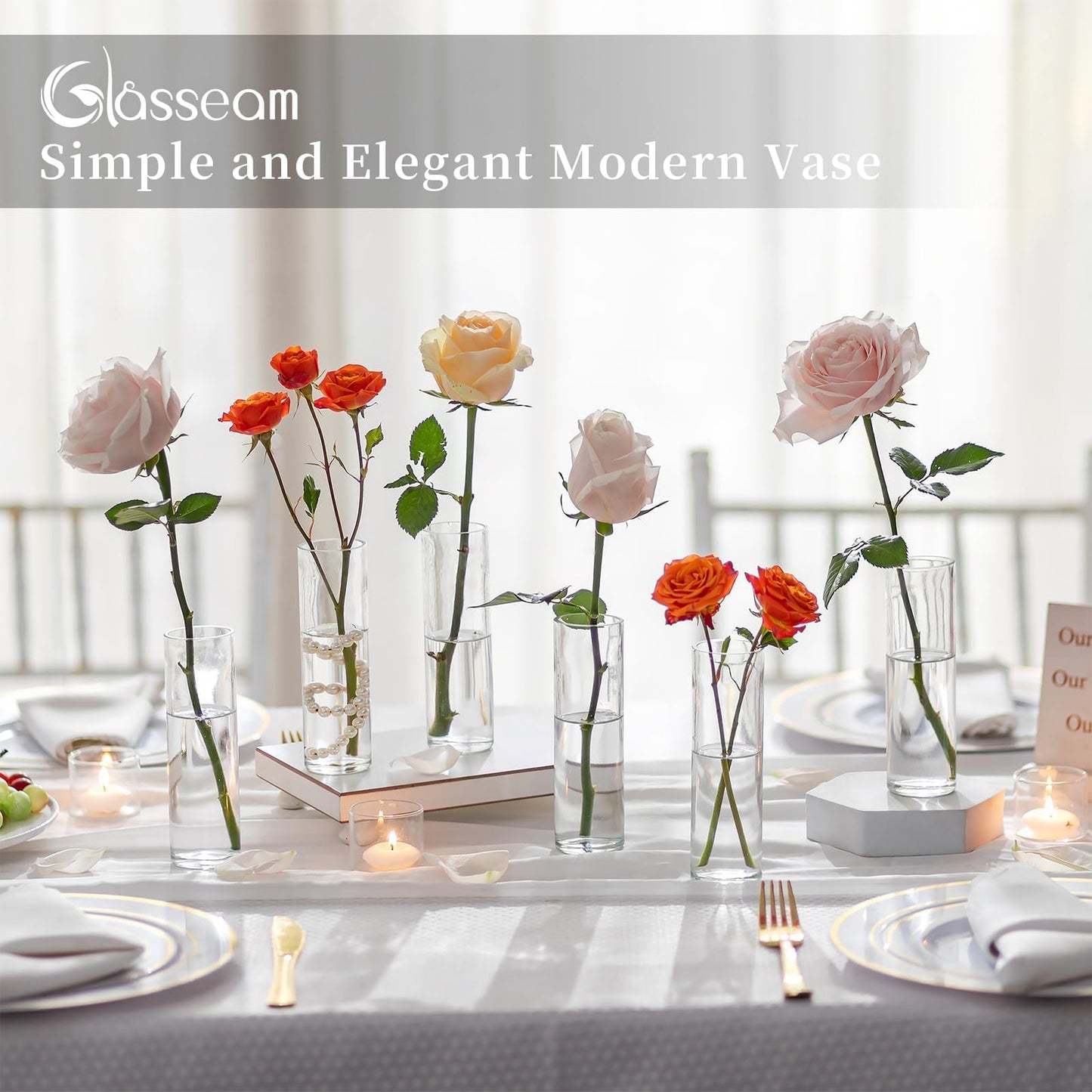 Cylinder Bud Vases in Bulk 24: Glasseam Small Clear Glass Vases for Centerpieces Wedding Table Decor, 5.9In Modern Clear Home Decor for Flowers Single Stem Roses Tulips