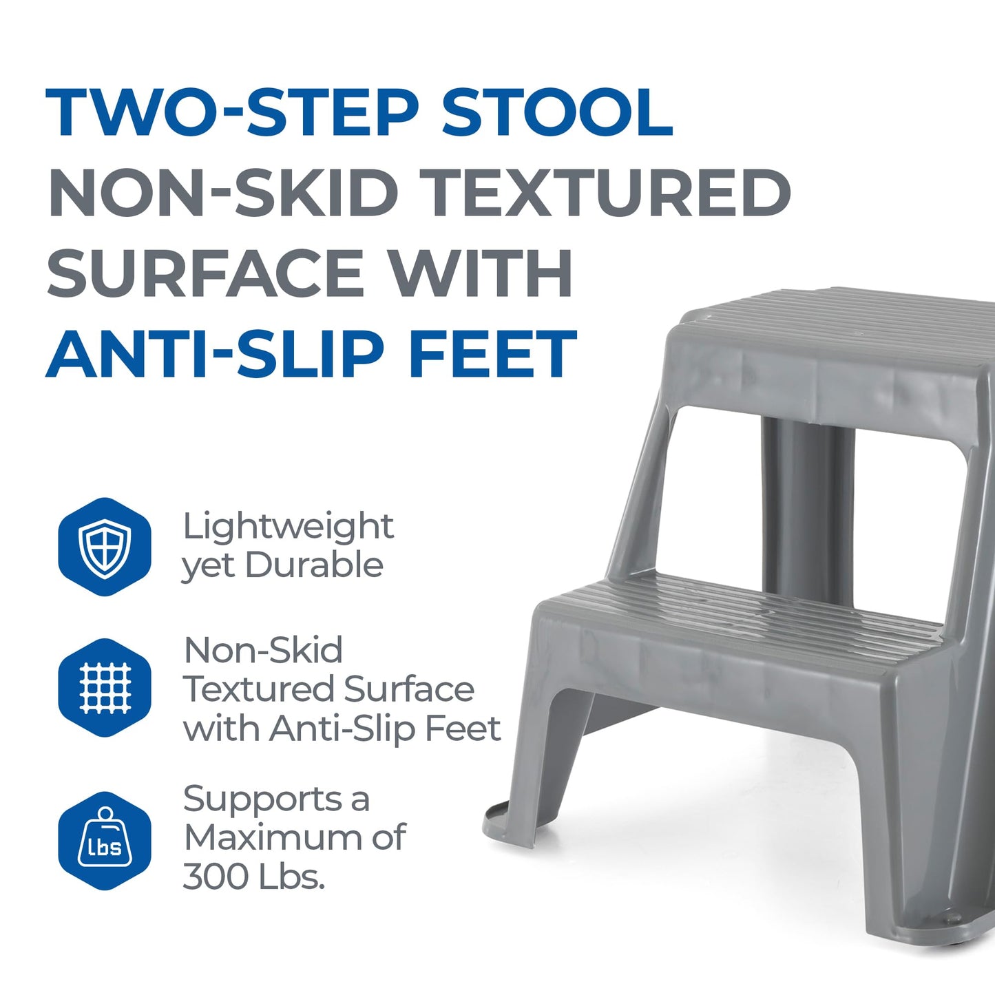 Gracious Living 2-Step Stool, Portable Plastic Stepping Stool for Dorm, Home, Classroom, or Office, 18"L x 18.75"W x 16"H - 300 Pound Capacity, Gray