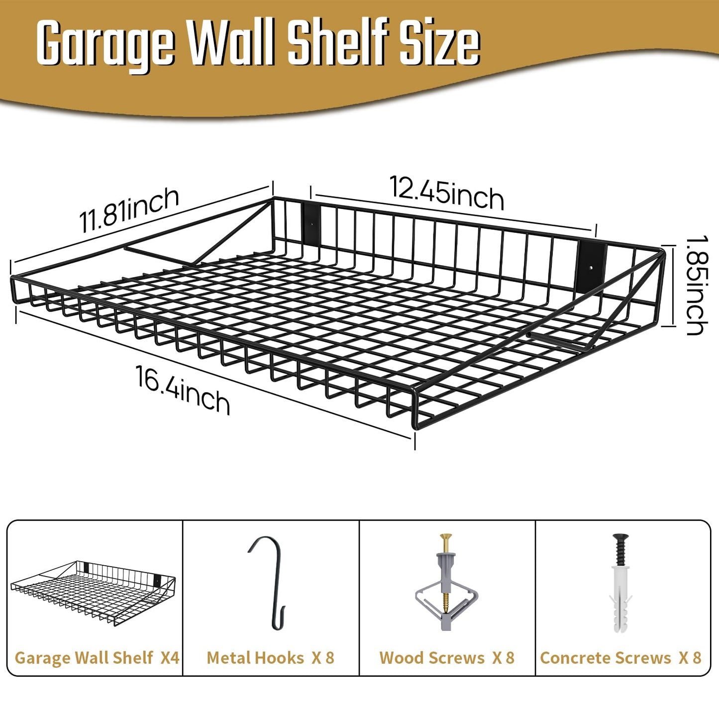 4 Pack Garage Wall Shelf, Garage Wall Mounted Shelving, Heavy Duty Floating Shelves With 8 Hooks, Loads 180 LBS Black Wall Shelves Mesh Storage Rack for Office, Basement, Wall Cabinet and Kitchen