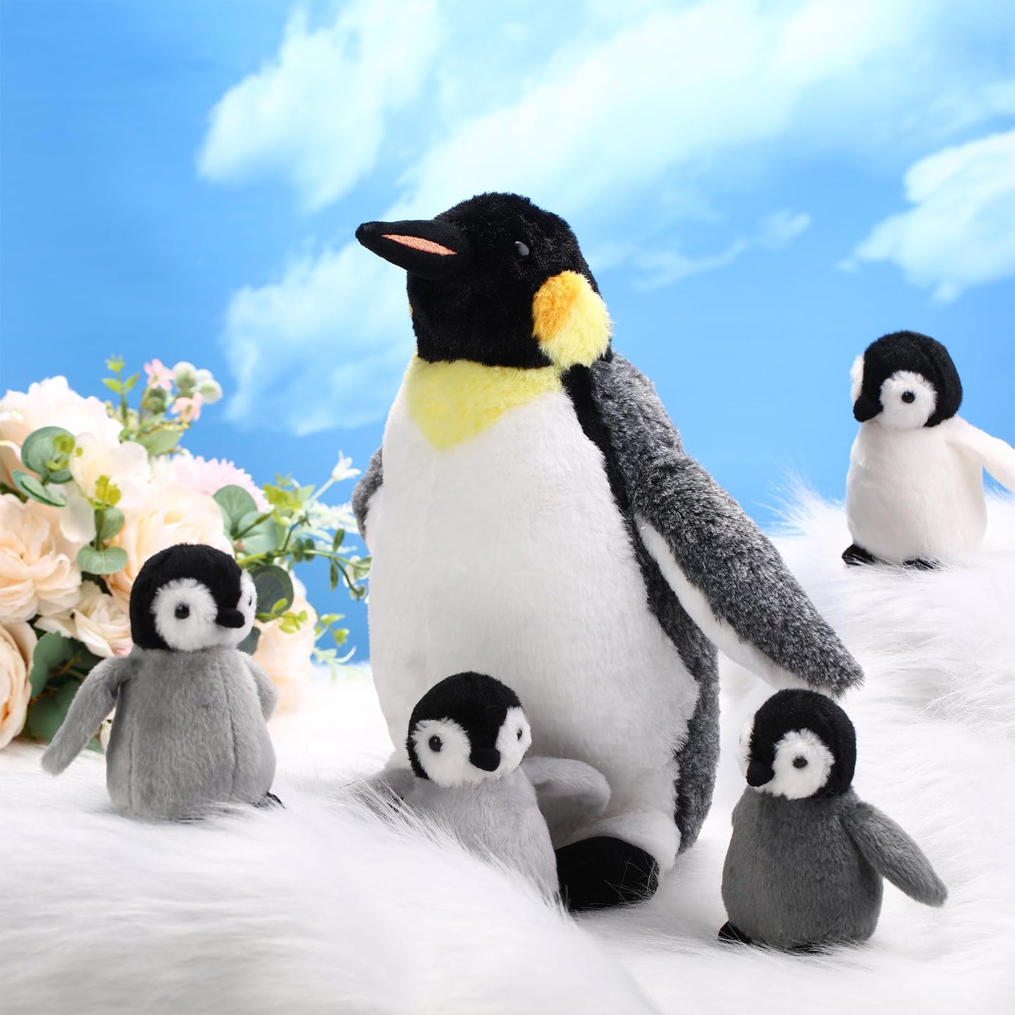 Harrycle 5 Pcs Penguin Plush Toy Set 14 Inch Mommy Penguin Stuffed Animal with 4 Cute Babies in Zippered Belly Soft Cuddly Plushie for Kids Birthday Gifts Party Favors(Simple Style)