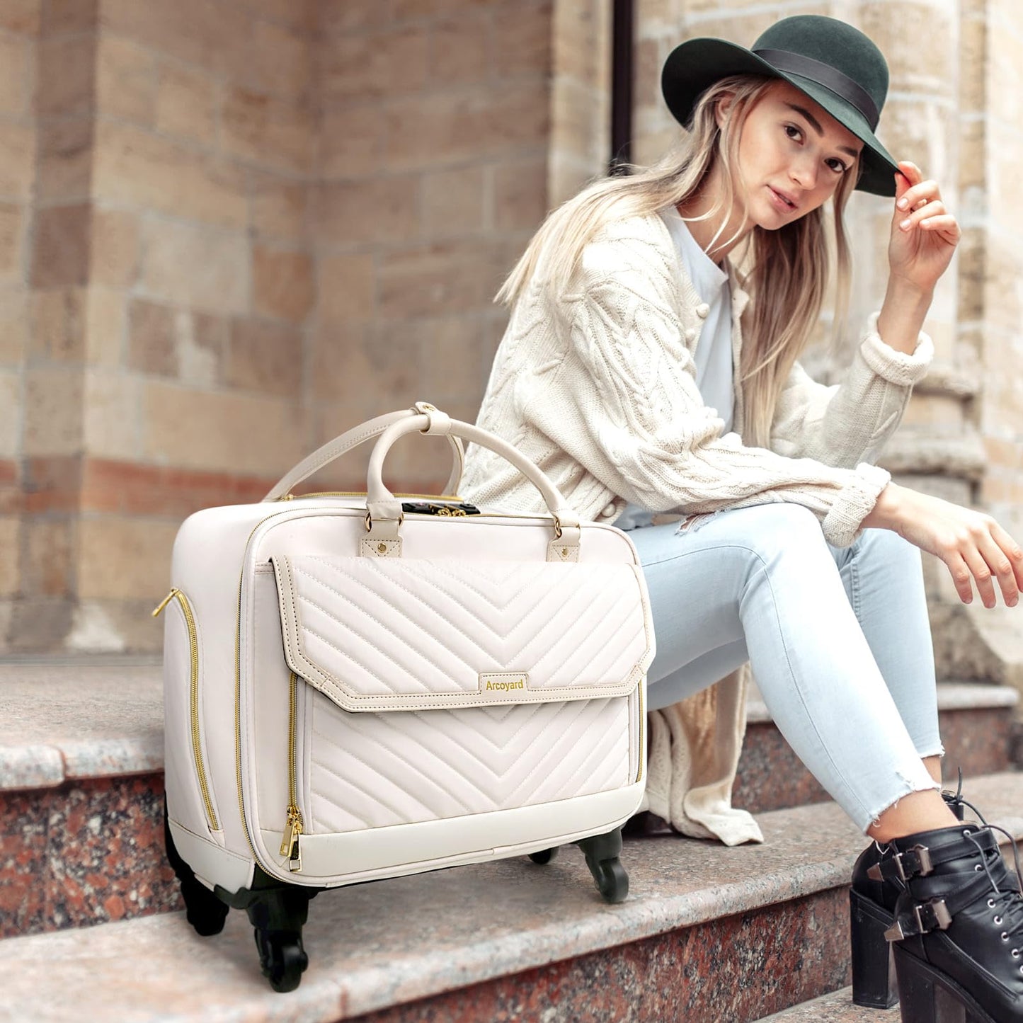 Arcoyard Rolling Briefcase for Women with 4 Spinner Wheels and Telescopic Extendable Handle, Laptop Bag with Wheels, Roller Computer Bag for Work Travel Carry On Luggage, TSA Friendly Design, Beige