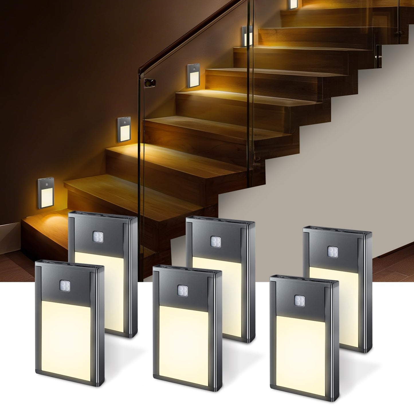 VST Motion Sensor Step Night Light, Rechargeable Battery Powered Led Light with Magnetic Suck Installation for Bedroom Hallway Stair Nursery Kids Room (2.68 inch 3000K 6Pack Black)