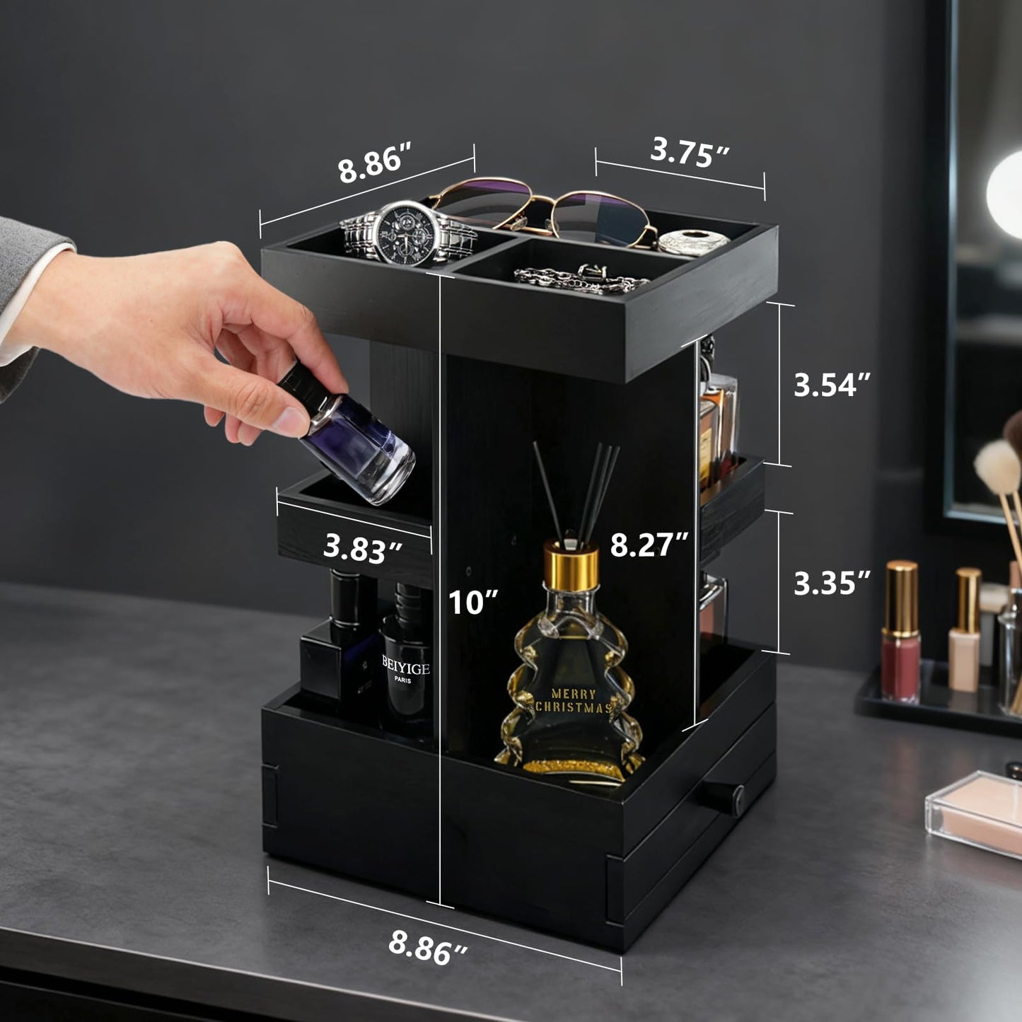 VYNOPA Rotating Cologne Organizer for Men – Black Wooden Perfume Stand with Dual Drawers, Multi-Tier Fragrance Display & Jewelry Storage for Dresser or Bathroom