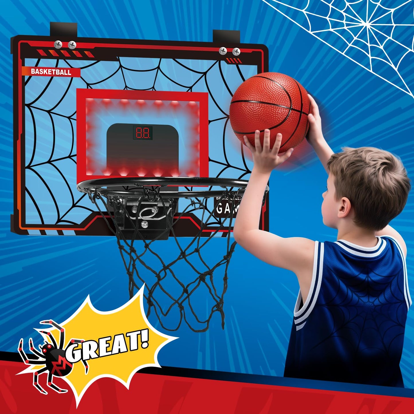 Basketball Hoop Indoor, Mini Basketball Hoop for Boys and Adults with Cool LED Lights Boys Gifts Basketball Toys Gifts Room Accessories for Teen Boy 8 9 10 11 12