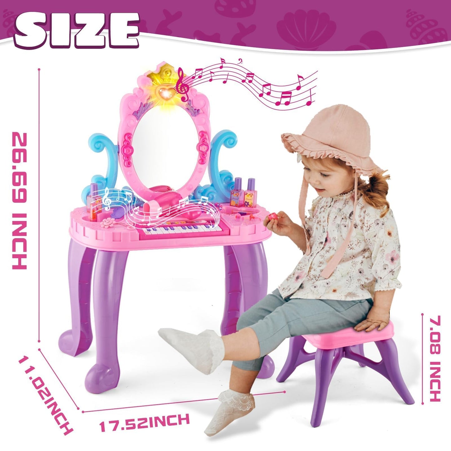 Vanity Makeup Table Toy for Kids, Toddler Girl Pretend Play Makeup Accessories- Princess Dress Up Set, Music Piano & Lights, Adjustable Mirror, Hairdryer, Mermaid Table & Chair Kit, Birthday Gift