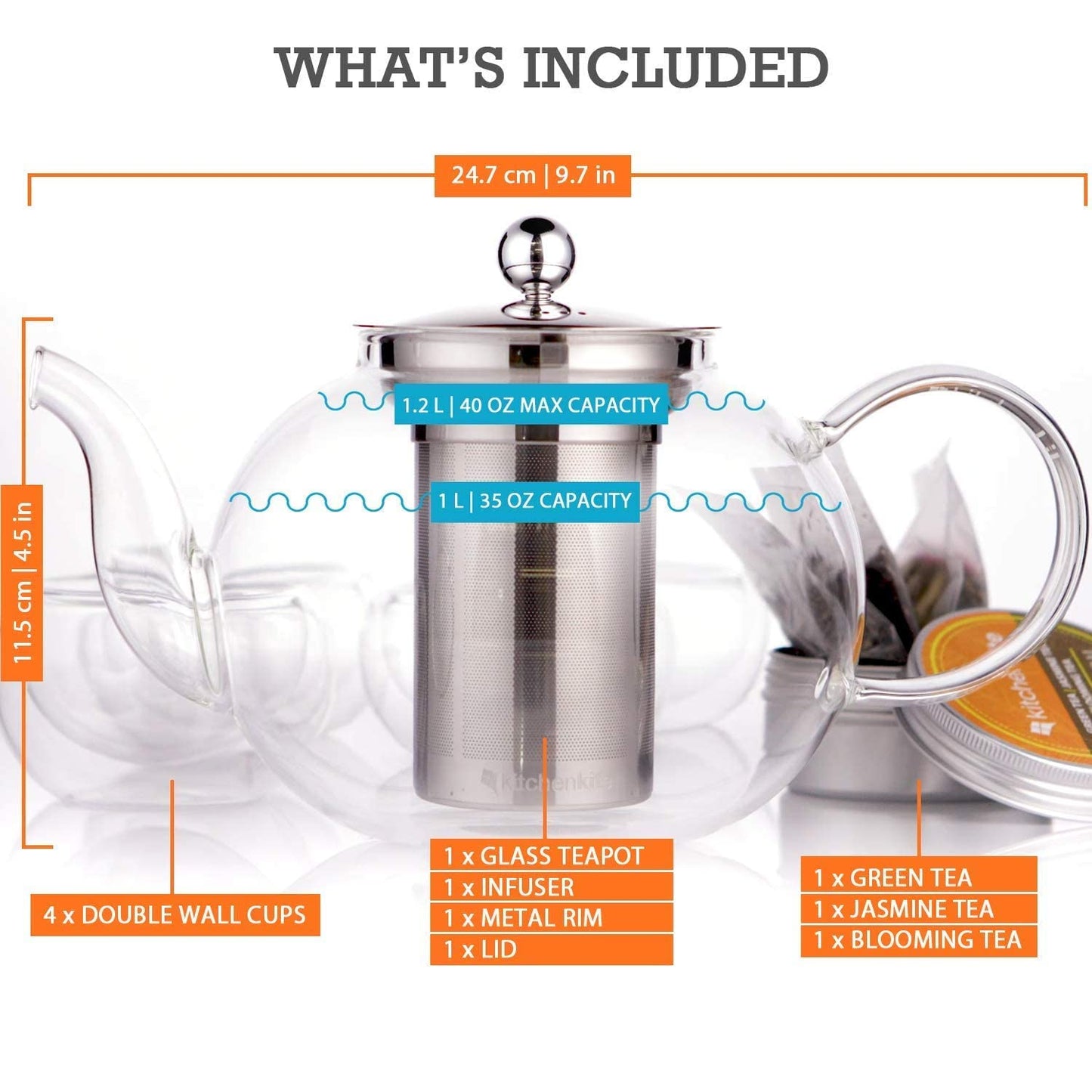 Kitchen Kite Glass Teapot Set with 4 Double Wall Teacups & Removable Stainless Steel Infuser - Microwave Dishwasher Safe Clear Blooming Loose Leaf Teas, Tea Maker Gift