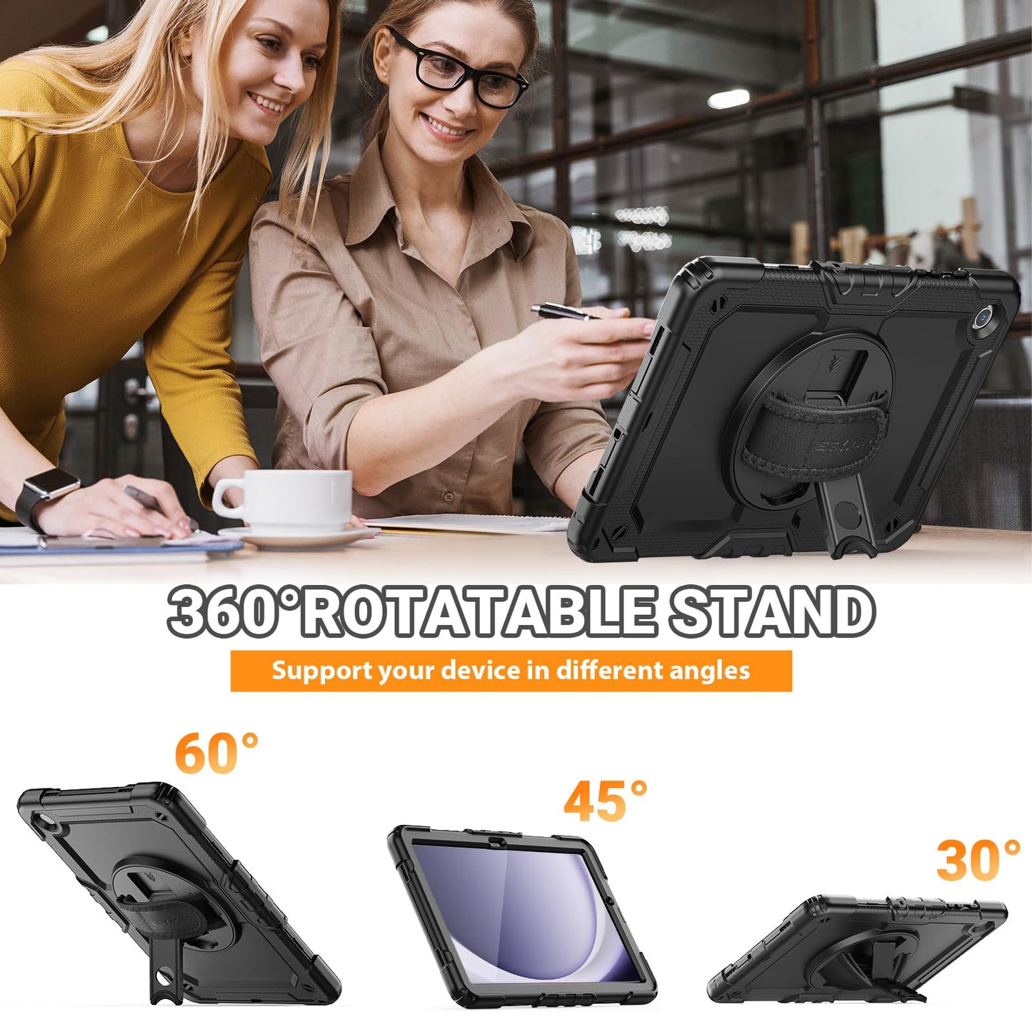 SEYMAC Case for Samsung Galaxy Tab A9+/ A9 Plus Case 11" 2023 (SM-X210/X216/X218), Heavy Duty Shockproof Protective Case with Screen Protector, Rotating Stand and Hand/Shoulder Strap, Black