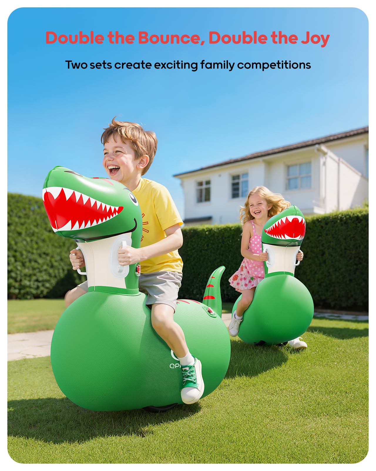 QPAU Inflatable Bouncy Dinosaur 2 PCS with Hand Pump, Heavy Duty Giant Bouncy Pal, 220lbs Load Capacity, Bouncy Animal Hopper Toy, Indoor Outdoor Hopping Horse for Girls Boys Ages 5+