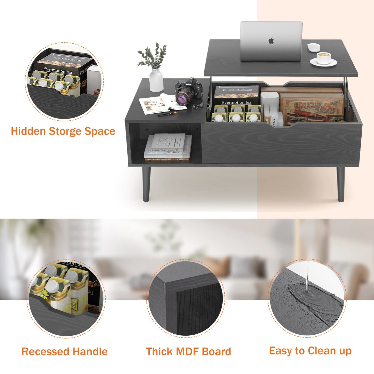 Sweetcrispy Coffee Table Lift Top Coffee Tables for Living Room,Small Rising Wooden Center Tables with Storage Shelf and Hidden Compartment, Black
