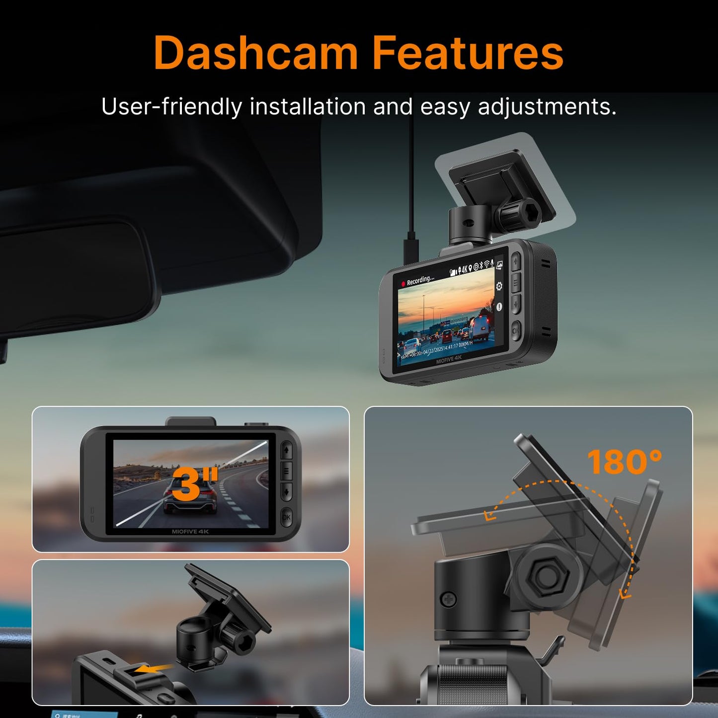 Miofive Dash Cam Front – 4K UHD Dash Camera for Cars, Built-in Bluetooth, 5G Wi-Fi, GPS, 3" IPS Screen, Night Vision, 140° Wide Angle, HDR, 24-Hour Parking Mode, G-Sensor(S1)