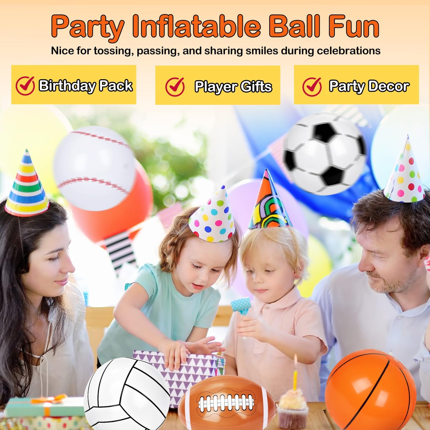 40 Pieces Inflatable Sports Beach Balls, 8 in Inflatable Ball Basketball, Baseball, Football, Soccer, Volleyball Beach Balls for Summer Pool Game Sports Themed Party Decorations Birthday Party Favors