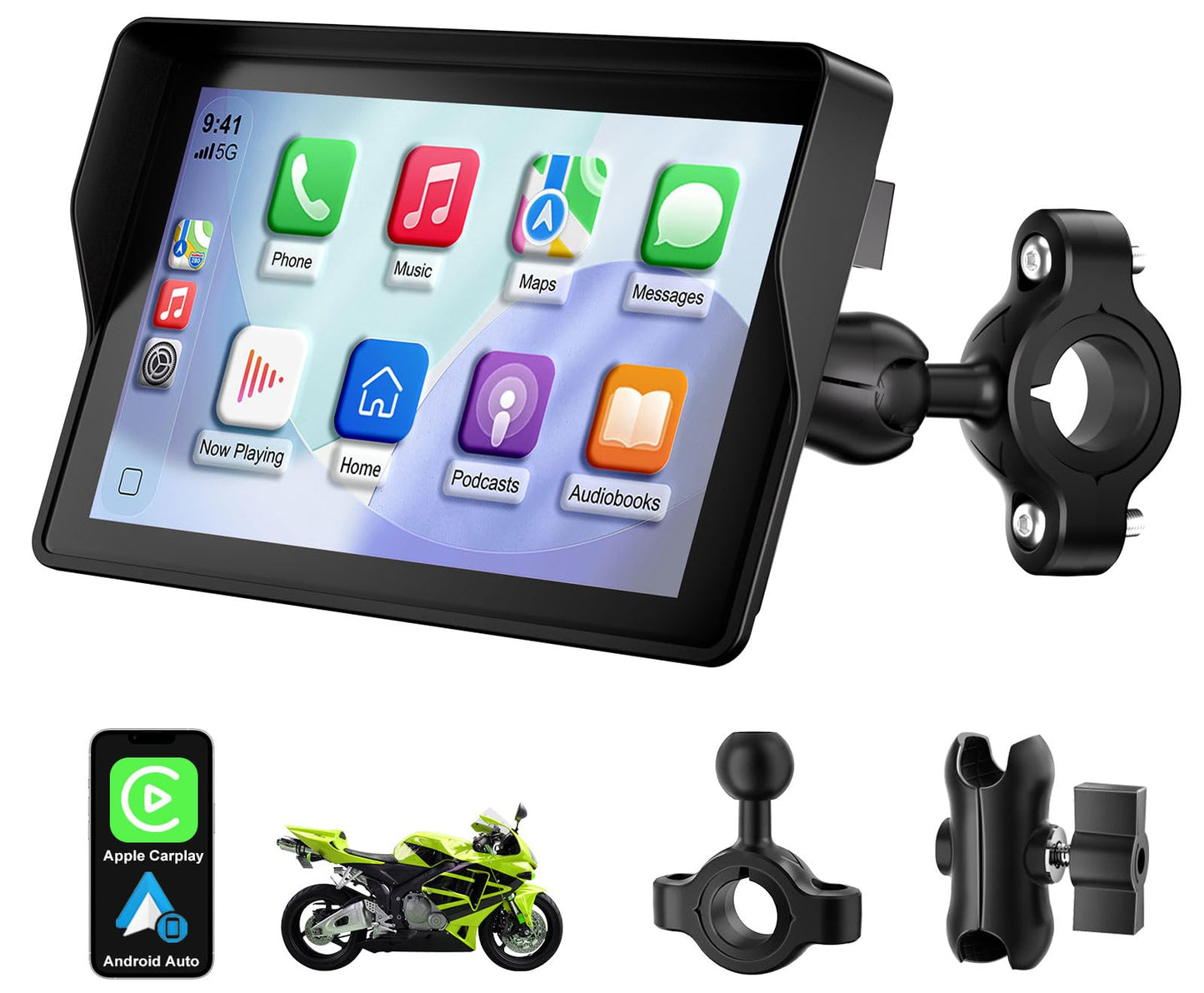 YCV 5" Wireless CarPlay for Motorcycle Touchscreen with Android Auto, HD Waterproof Screen Portable GPS Navigastion System, Support Bluetooth Call, Music Play, Siri, Google Assistant, Vioce Control
