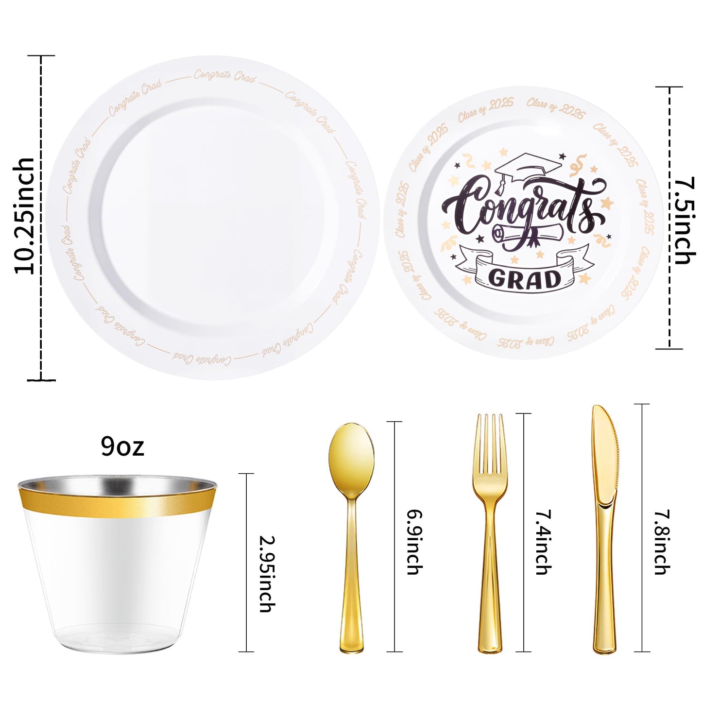 Goodluck 350 Piece Graduation Gold Plastic Dinnerware Set for 50 Guests, Congrats Grad Disposable Plates Include: 50 Dinner Plates, 50 Dessert Plates, 50 Cups, 50 Pre Rolled Napkins with Silverware