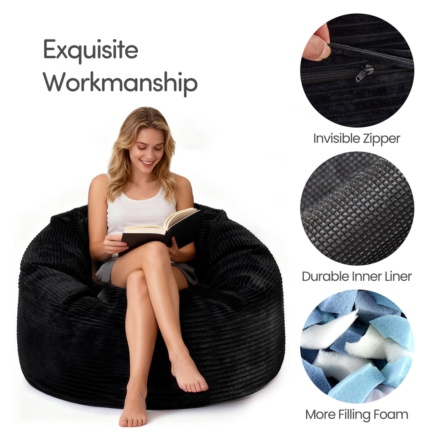 Yagamo Medium Bean Bag Chairs, 3FT Bean Bag with Memory Foam Filling, Bean Bag Chairs with Removable Striped Plush Cover, Cozy Beanbags for Living Room Bedroom Dorm Office - Black