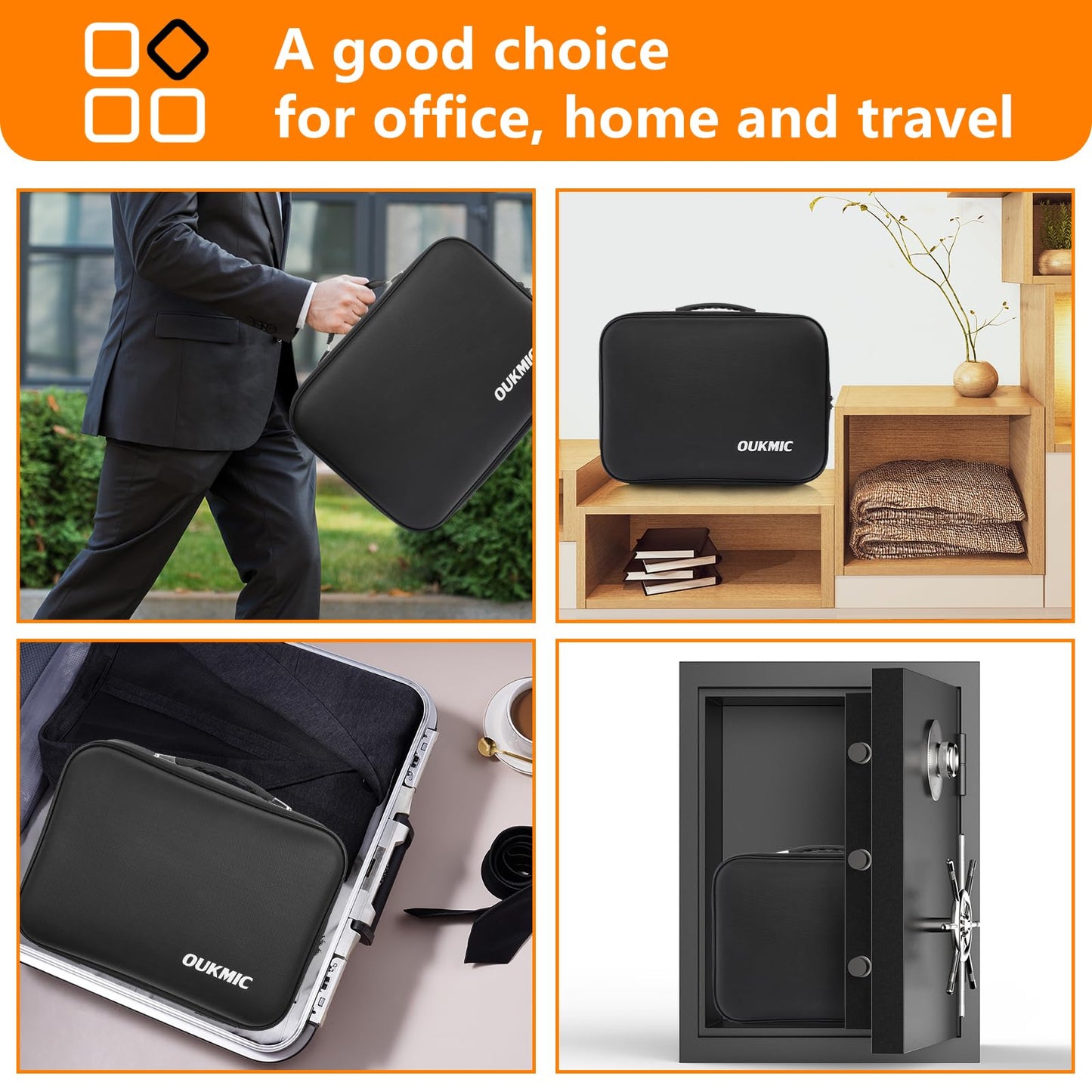 OUKMIC Fireproof Document Box with Lock, Hard Case Portable Water Resistant File Organizer, 16" x 12"x 6" Home Travel Office Safe Storage for Important Documents, Passports, Laptop, Black