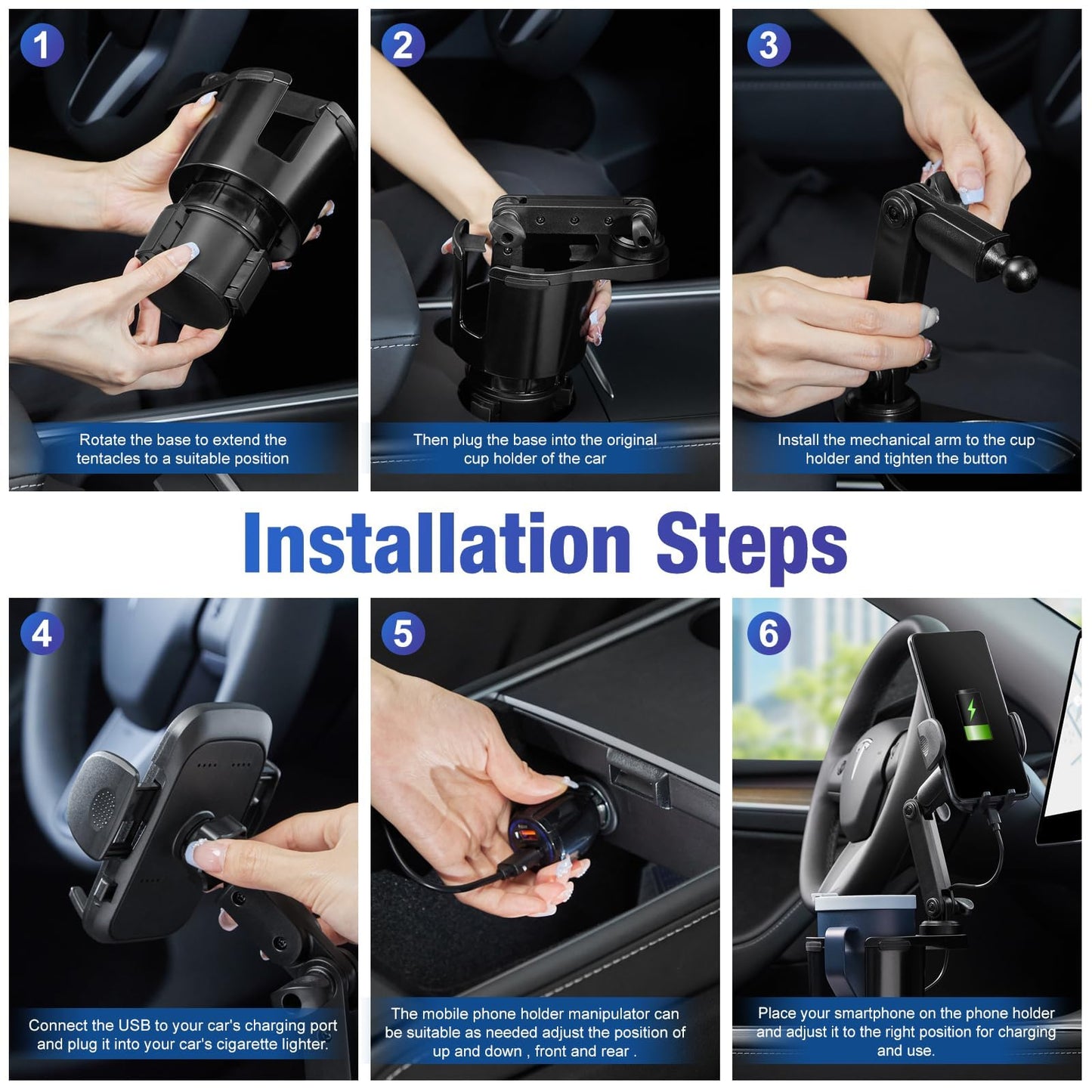 This Hill 3-in-1 Car Wireless Charger Cup Holder, Upgrade 15W Charging, Car Cup Holder Phone Mount with Adjustable Base & 360° Rotation Compatible for All Smartphones(with Car Adapter)