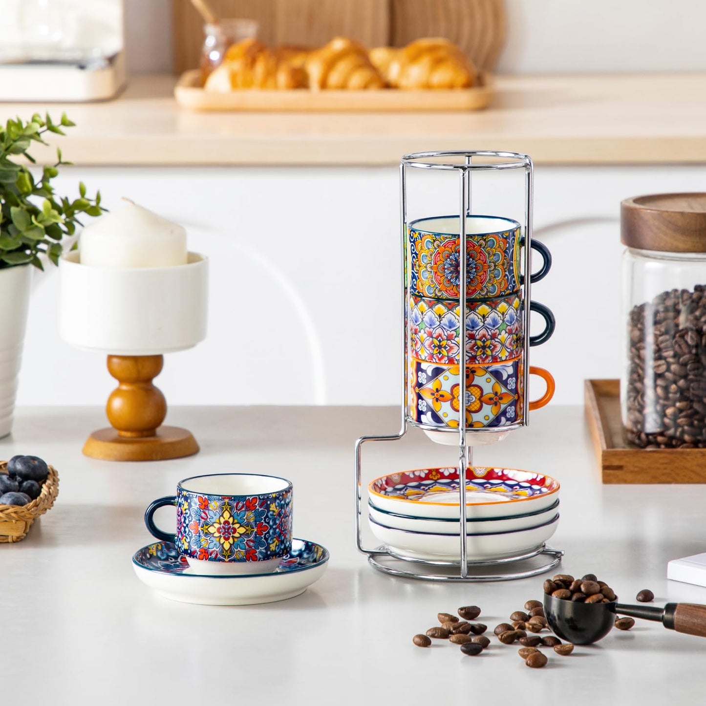 vancasso 2.5 Oz Stackable Espresso Cups with Saucers and Metal Stand Set of 4,Bohemian Ceramic Cappuccino Cups - Microwave and Dishwasher Safe, Perfect For Tea, Espresso, Latte, Cafe-01