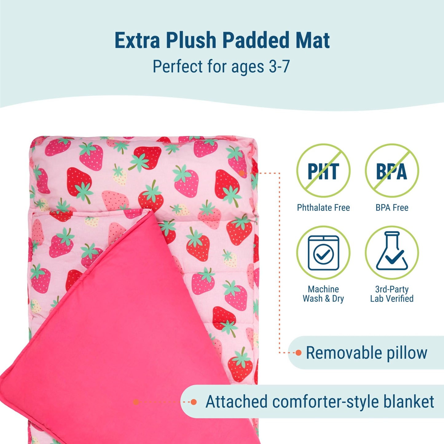 Wildkin Kids Nap Mat with Pillow for Girls – Soft & Cozy Toddler Sleep Mat for Daycare, Preschool, Kindergarten & Travel, Ages 3–7, Machine Washable – Strawberry Patch
