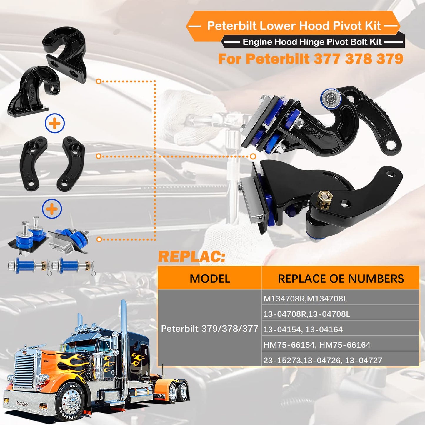 for Peterbilt Lower Hood Pivot Kit & Hinge Bolt & Bushing Bracket Kit for 377 378 379 - Replac:13-04708R 13-04708L 13-04154 13-04164