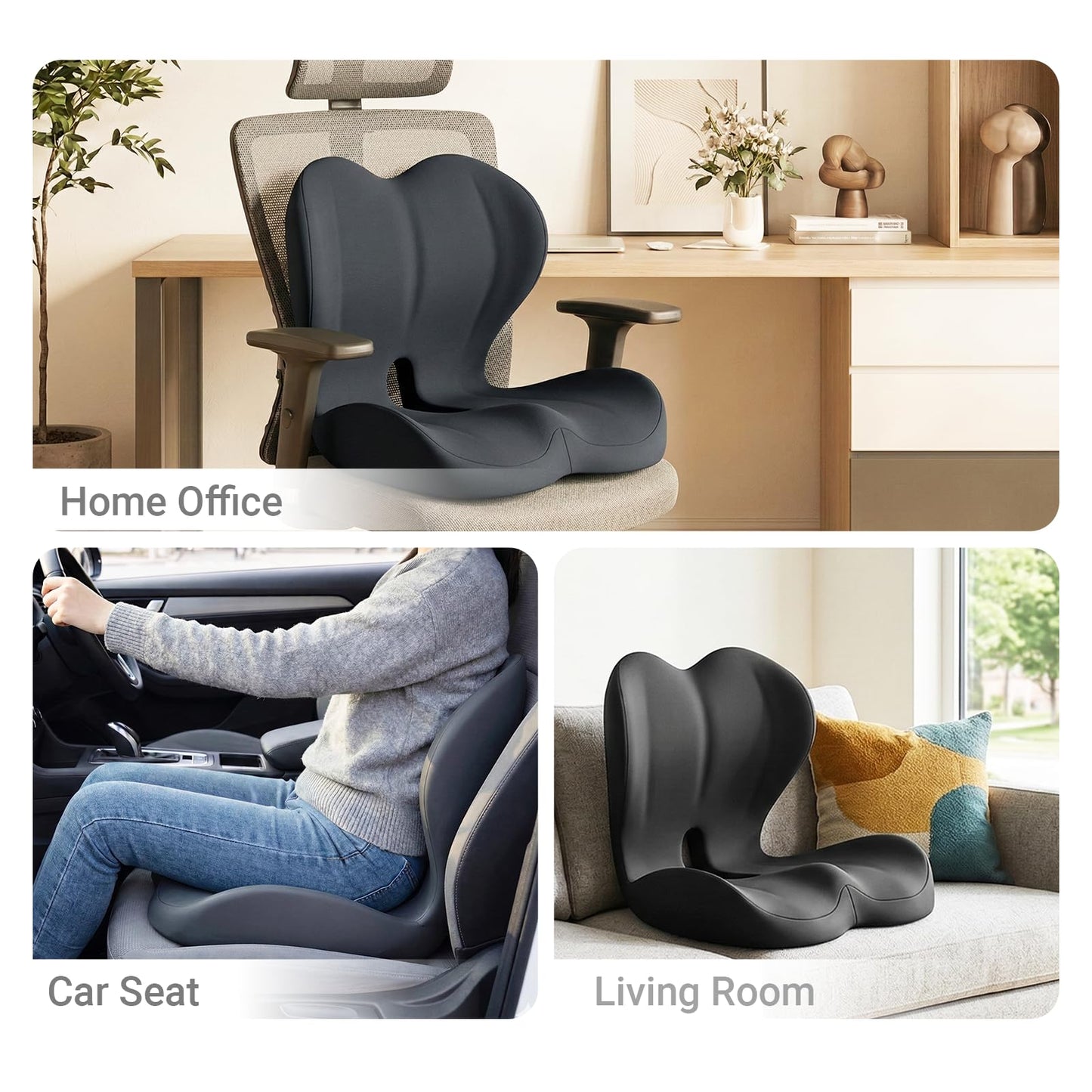 TryWalk Ergonomic Seat Cushion Set with Lumbar Support Pillow, High-Density Memory Foam Cushion with Non-Slip Base, Posture Support Cushion for Office Chair, Home Chair, Car Seat, Dark Gray