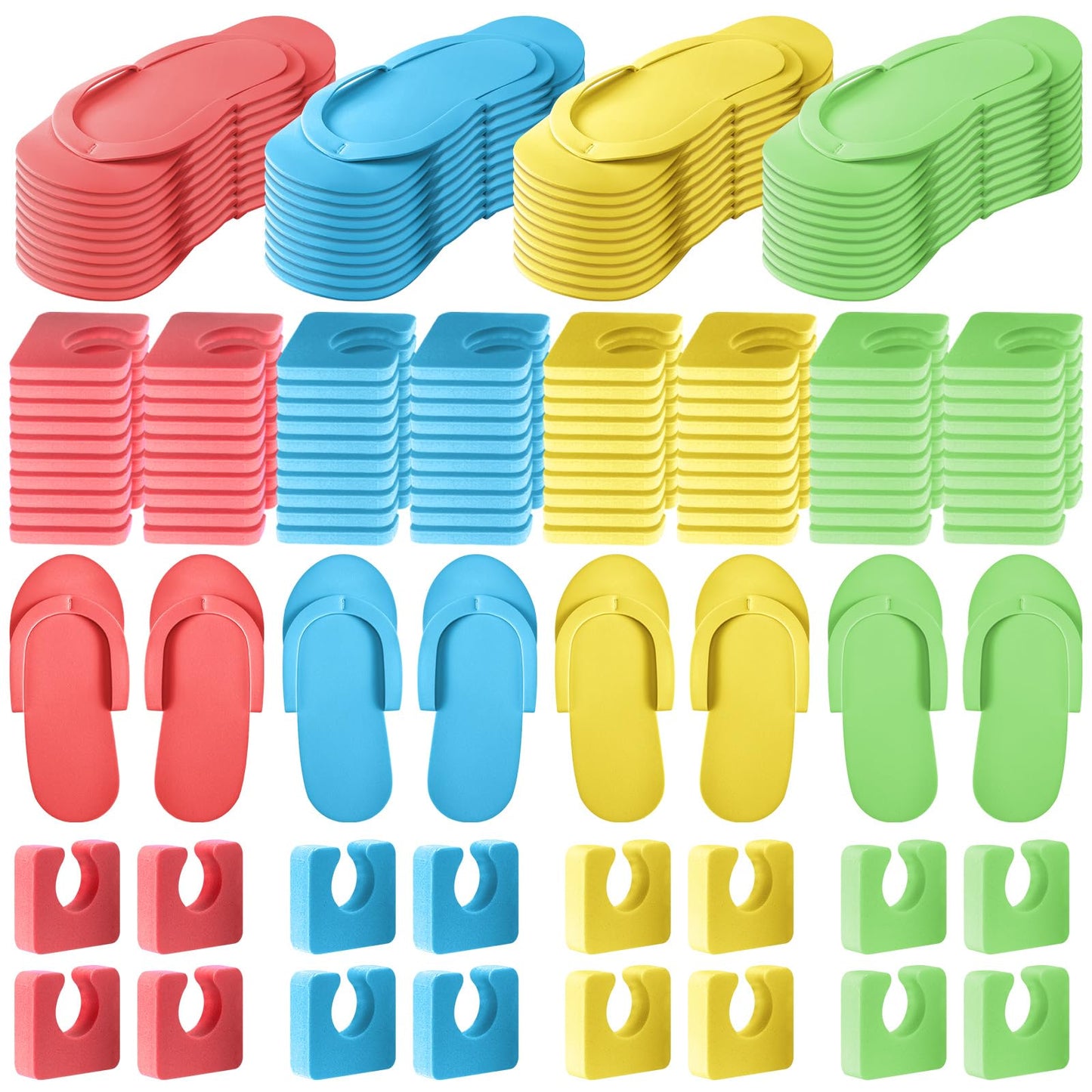 Suhine 120 Pairs Disposable Pedicure Slippers and Toe Separators Kit 40 Pairs Disposable Foam Flip Flops 80 Toe Separators for Women Nail Hotel Salon Spa Party(Red, Blue, Yellow, Green)