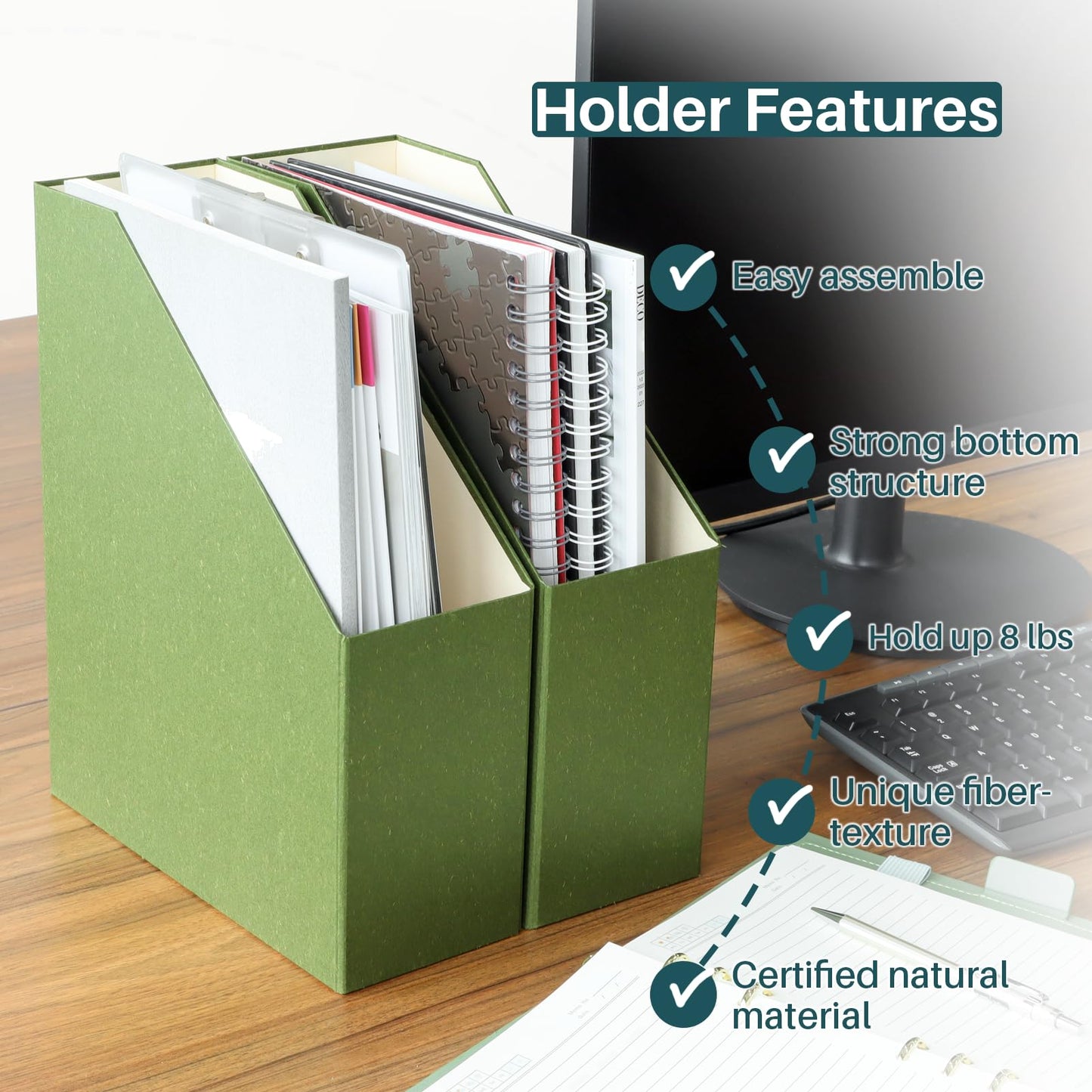LifeSto Magazine Holder - File Holder and Desk Organizer, Paperboard Book Organizer and Storage Box for Documents, Magazine Holder Rack for Classroom, Home, and Office (Leaf Green, 4-Pack)