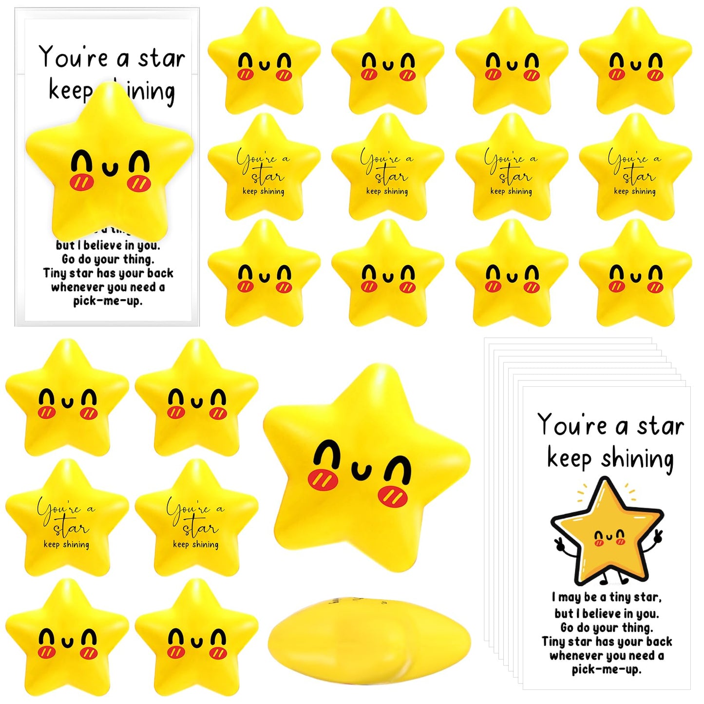 Libima 30 Pcs Inspirational Stress Balls Team Gift Thank You Teacher Appreciation Positive Gift Funny Relief Ball with Cards Bags Elastic Relief Dietitian for Coworker Staff (Star)