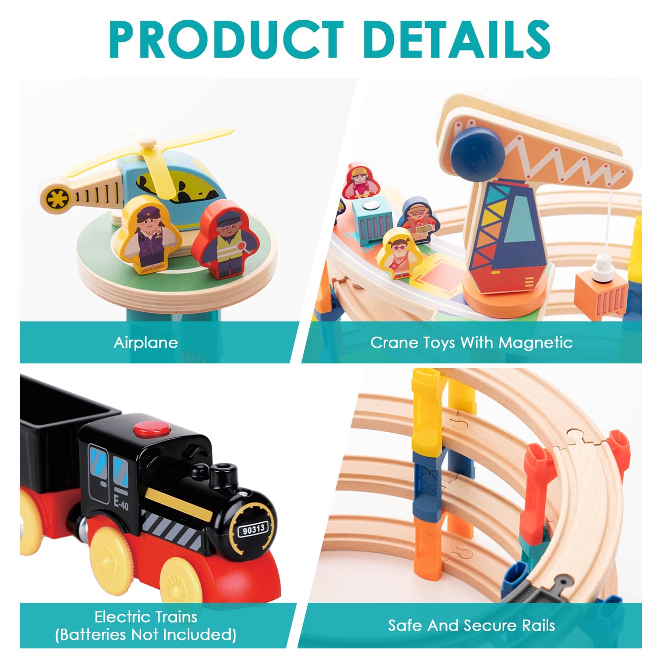 120Pcs Wooden Train Tracks Set, 398-inch Track Expansion, Toddler Railway Bridge Toy Train Set with Airplane and Magnetic Crane, Birthday Gifts for Boys and Girls, Compatible with All Major Brands