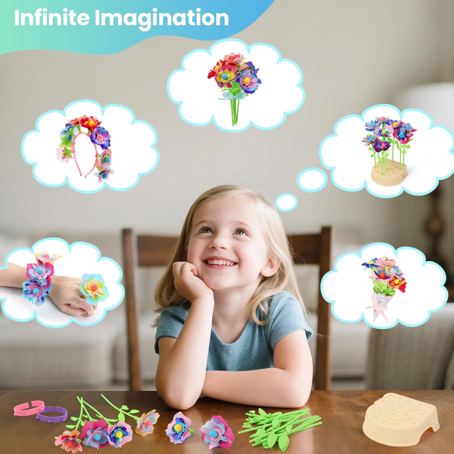 BIRANCO. Flower Bouquet Making Kit for Kids - Build Your Own Flower Market, Arts and Crafts Toys for Girls Ages 4-8, Educational Activity with Rich Accessories, Large