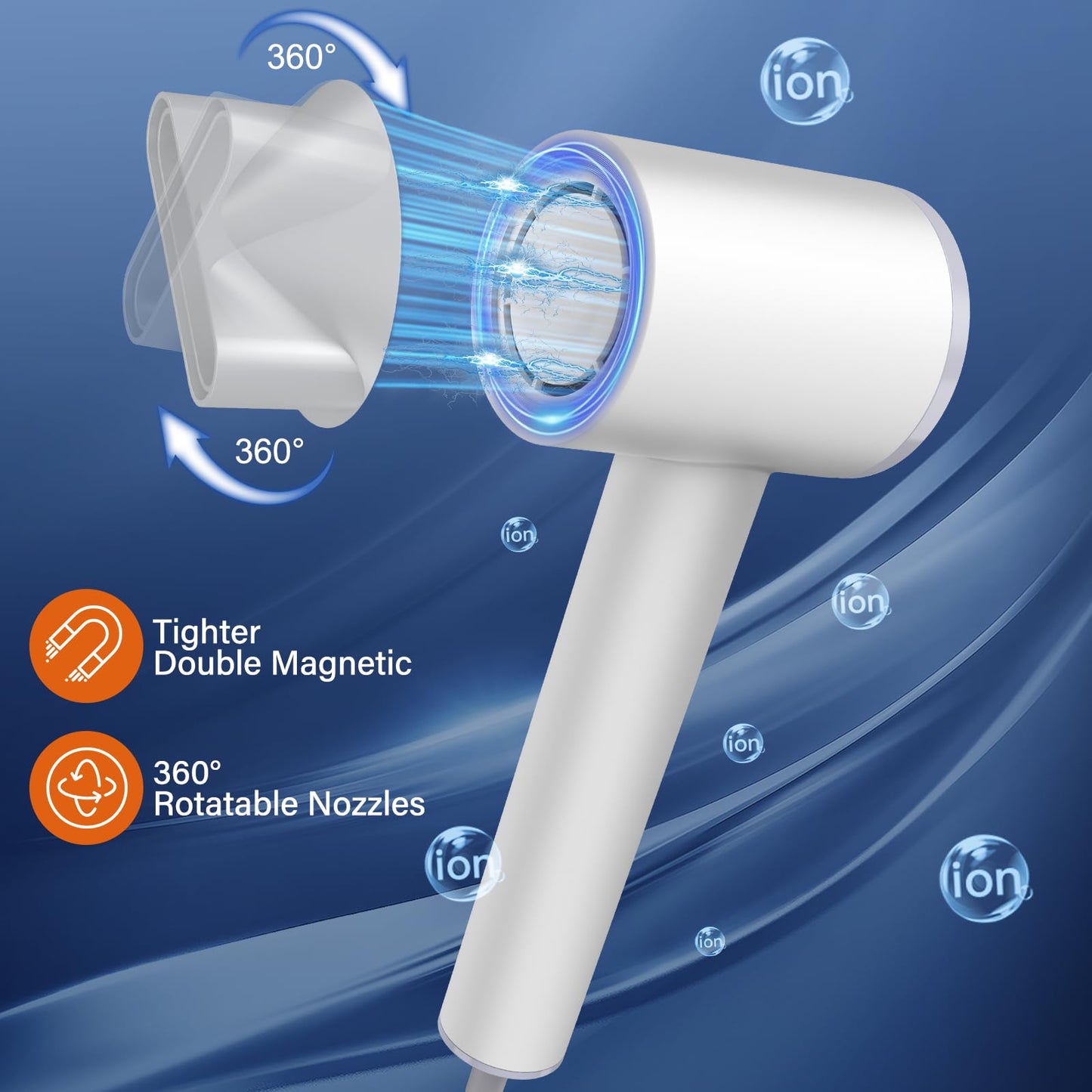 1600W Ionic Hair Dryer with LED Display & Magnetic Nozzle, Professional Hair Dryer Blow Dryer, Portable Hair Dryer with Self-Cleaning Function, Low Noise Hair Blow Dryer for Travel, Home-Foggy White