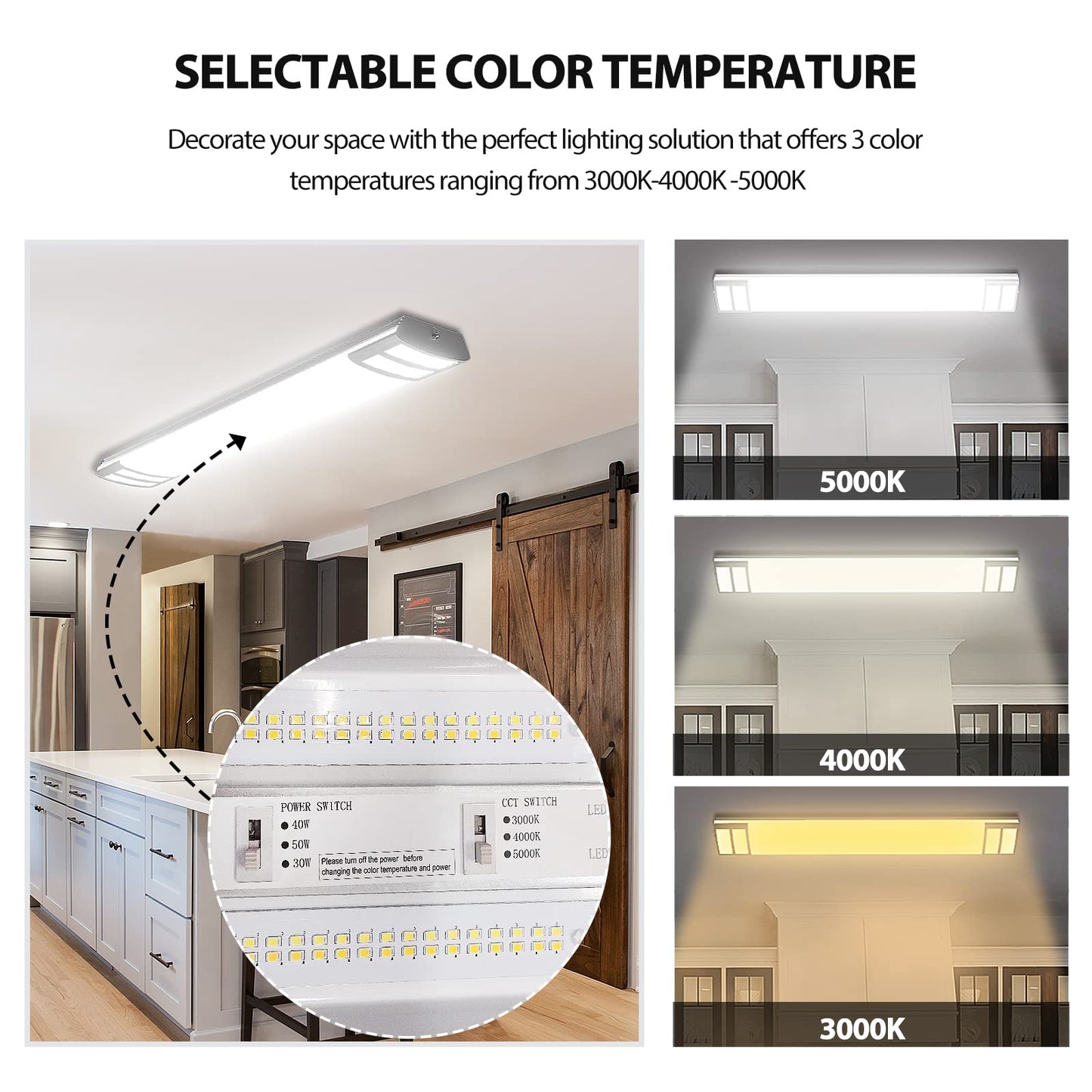 ANTLUX 4FT LED Light Fixtures, 3000K 4000K 5000K Selectable, 30W/40W/50W Dimmable 4 Foot Kitchen Ceiling Light Fixture, 48 Inch Flush Mount LED Wraparound Puff Lights for Kitchen, Laundry, Office