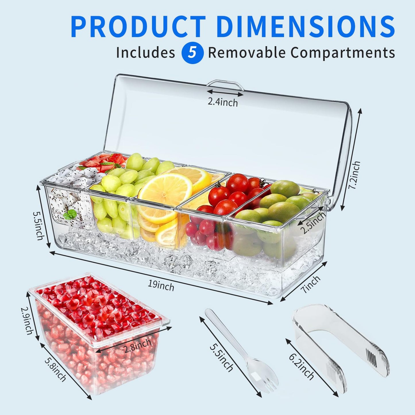 2 Pack Large Ice Chilled Condiment Caddy，Chilled Condiment Containers Server with Lids for 5 Removable Compartments，Serving Platters, Fruit & Garnish Tray for Party Supplies & Bar（2 Pack）